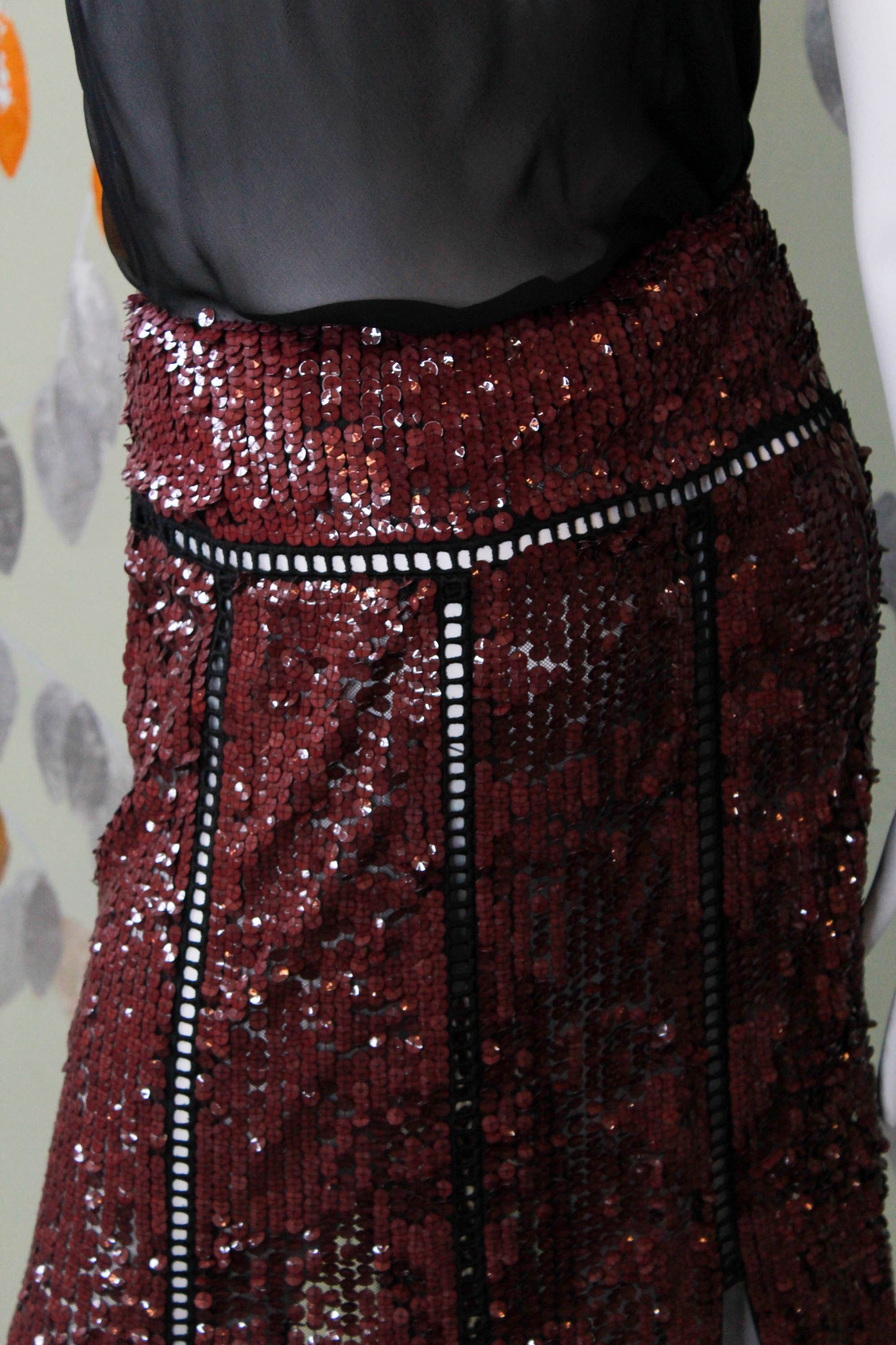 emilio pucci purple sequinned midi skirt with black openwork ladder stitch, yoke, slits, made in italy designer vintage skirt