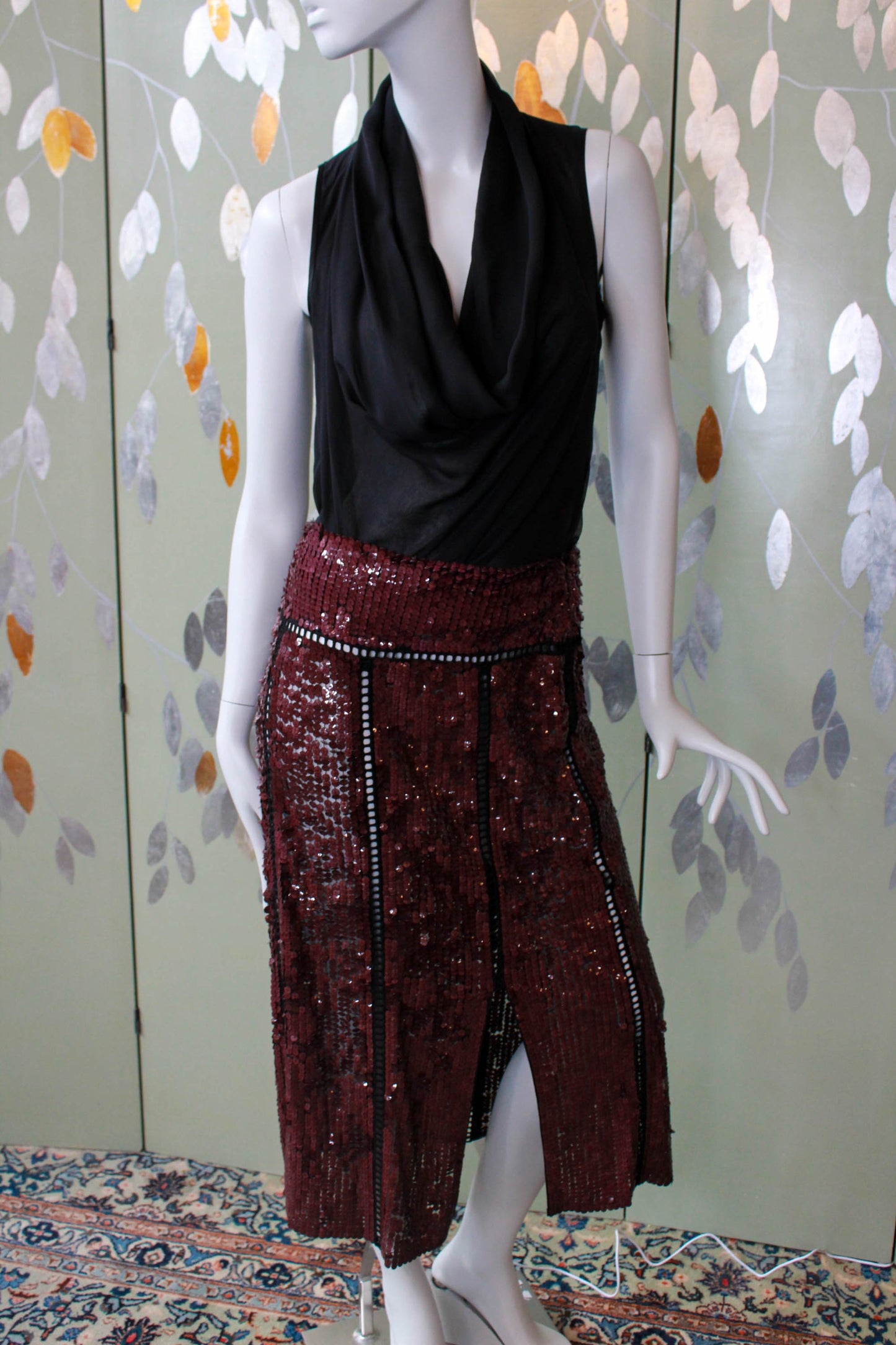 emilio pucci purple sequinned midi skirt with black openwork ladder stitch, yoke, slits, made in italy designer vintage skirt