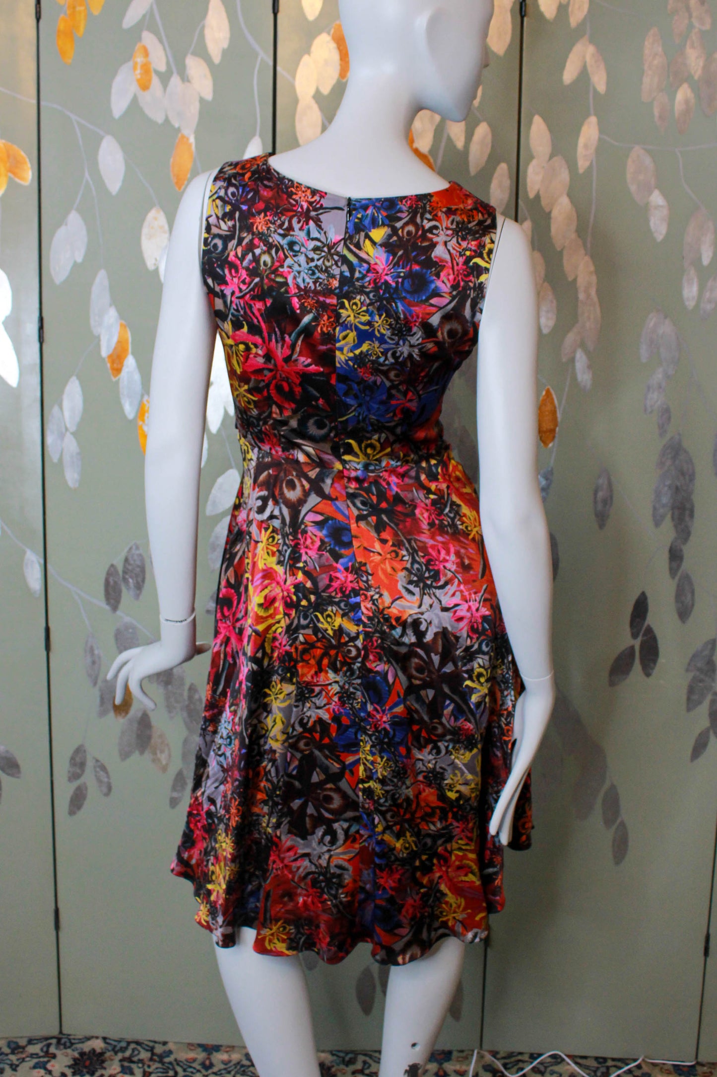 Erdem silk floral print dress with pleated skirt, pockets, fitted bodice, made in england