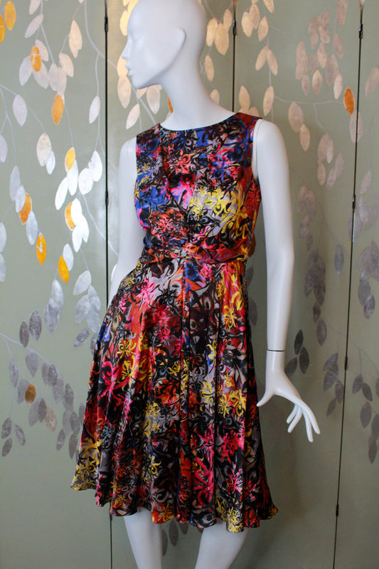 Erdem silk floral print dress with pleated skirt, pockets, fitted bodice, made in england