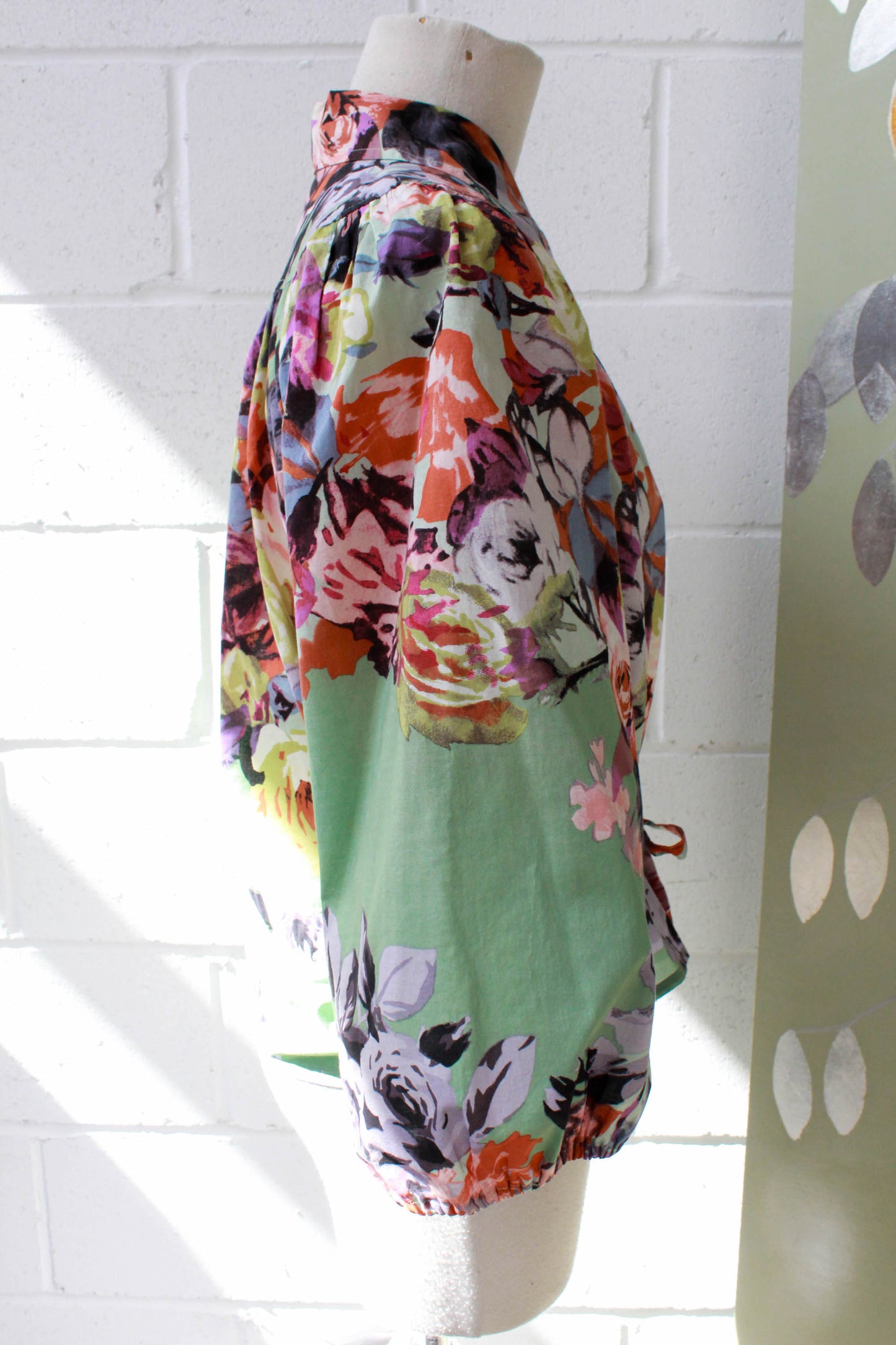 vintage etro floral print cotton blouse with puff sleeves, collar, button front, waist tie 