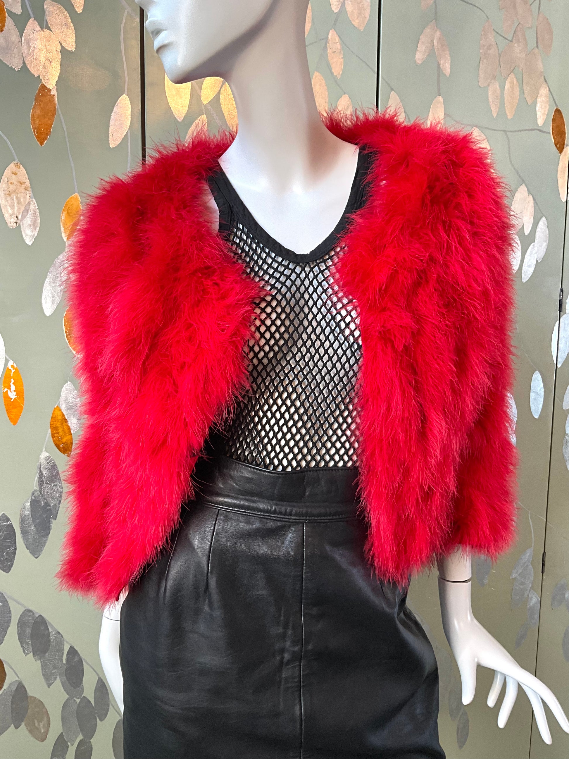 Veronique Young Red Marabou Feather Cropped Jacket, W Collection  