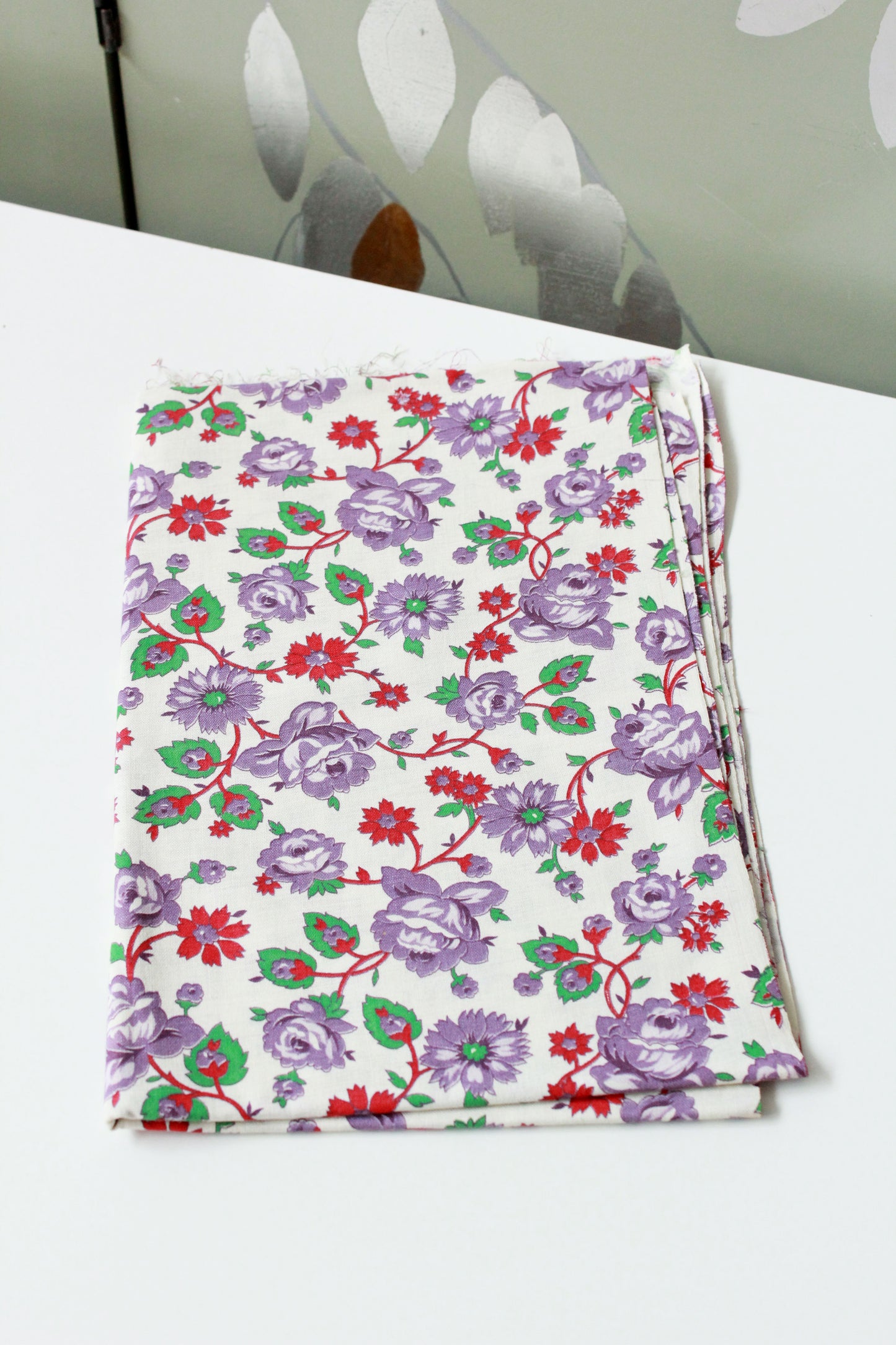 1940s Purple Flower Feedsack, Purple/Pink/Green Vintage Summer Fabric, 1940s Sewing/Quilting Fabric