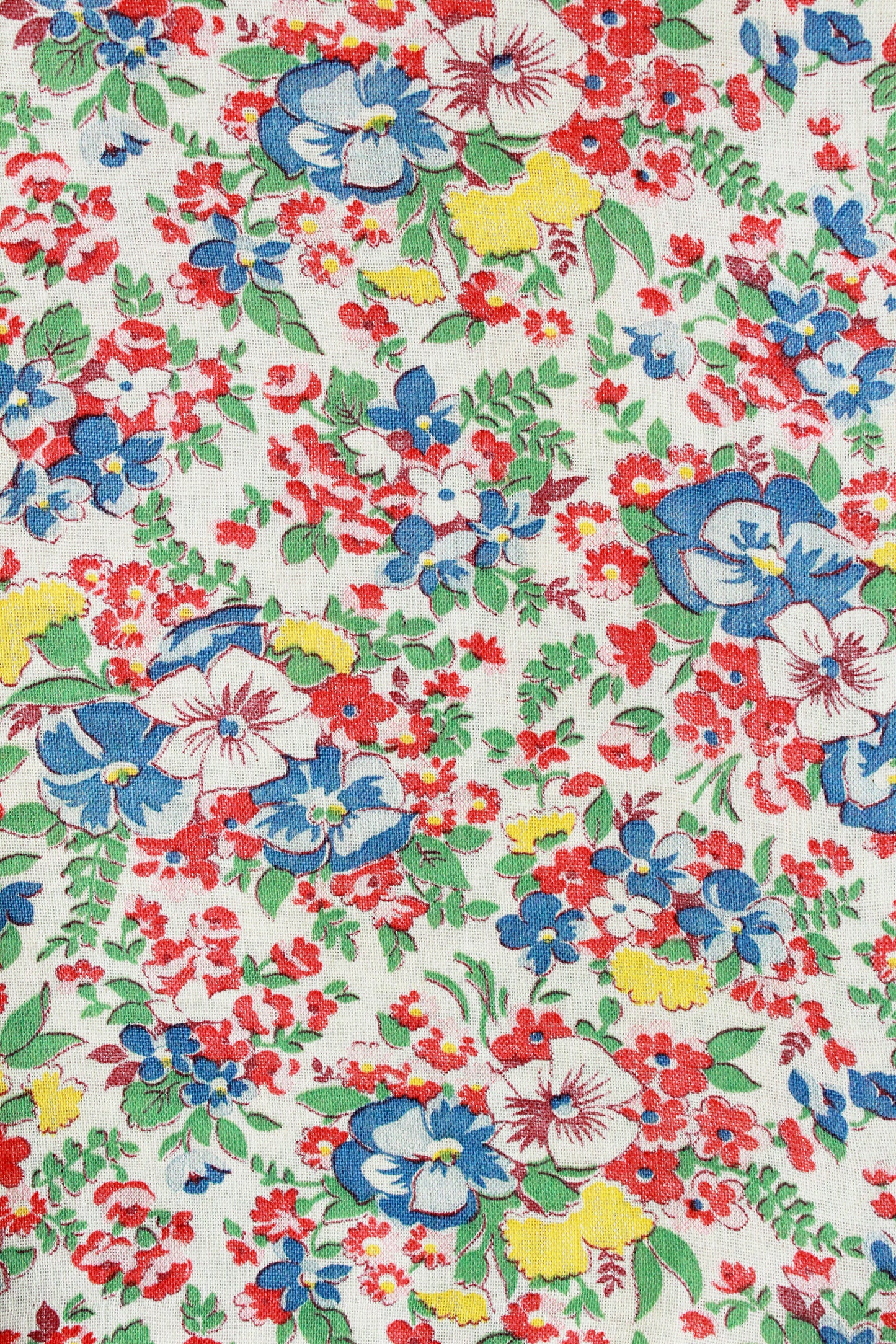 1940s Floral Feedsack In Primary Colours, Red/Blue/Yellow/Green, 1940s Vintage Summer Fabric