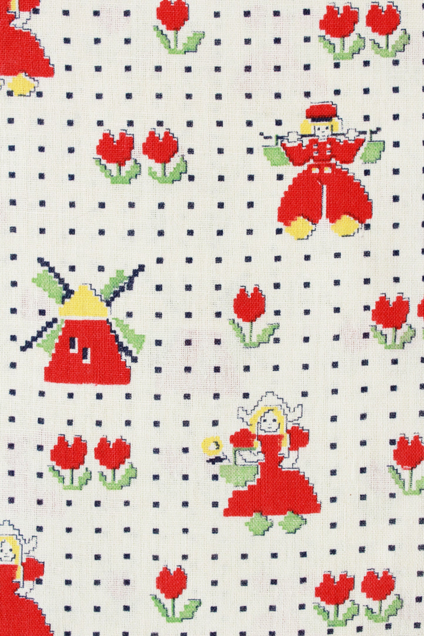 1940s Tulip Feedsack, Man, Woman, Windmill Print, Red/yellow/Green, Vintage Fabric