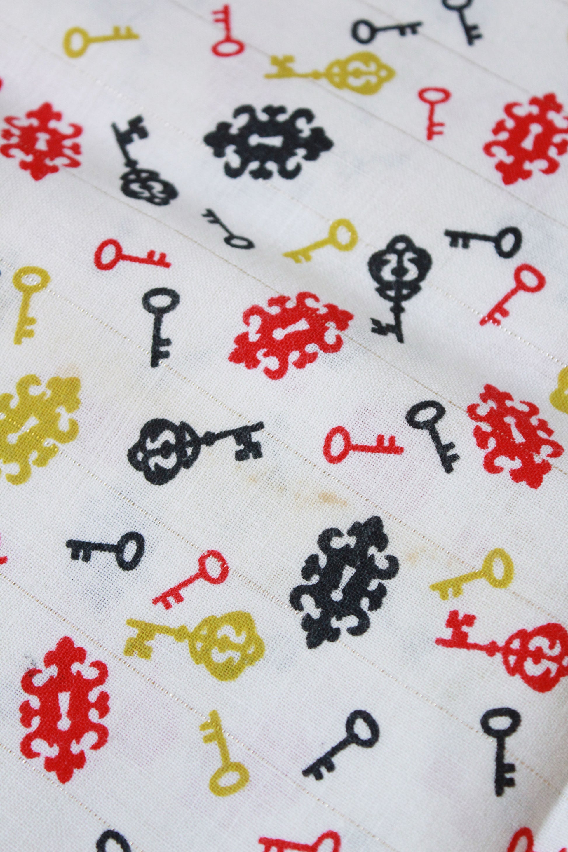 1950s Feedsack With Keys, Red/black/gold, Vintage Fabric With Gold Stitching