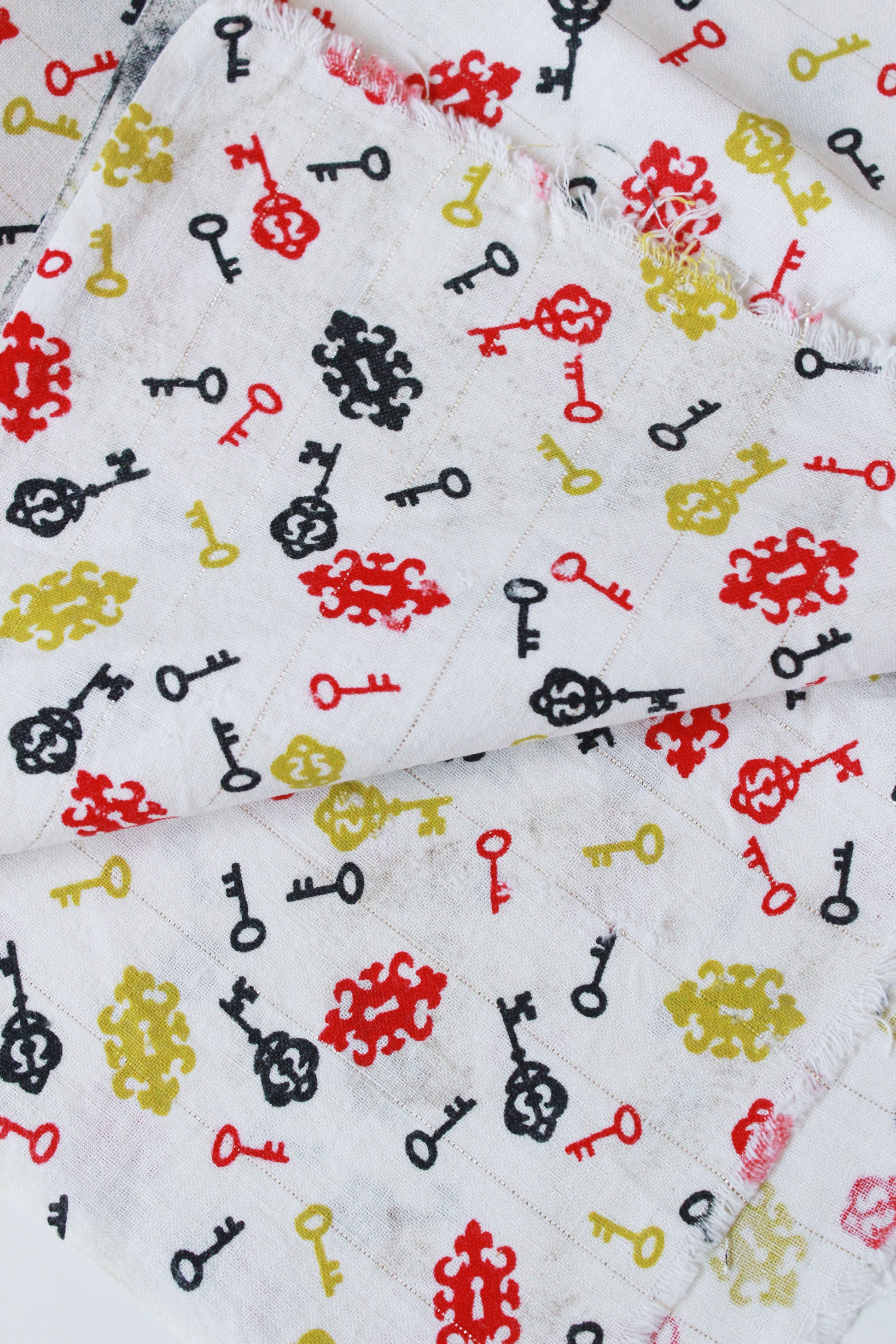 1950s Feedsack With Keys, Red/black/gold, Vintage Fabric With Gold Stitching