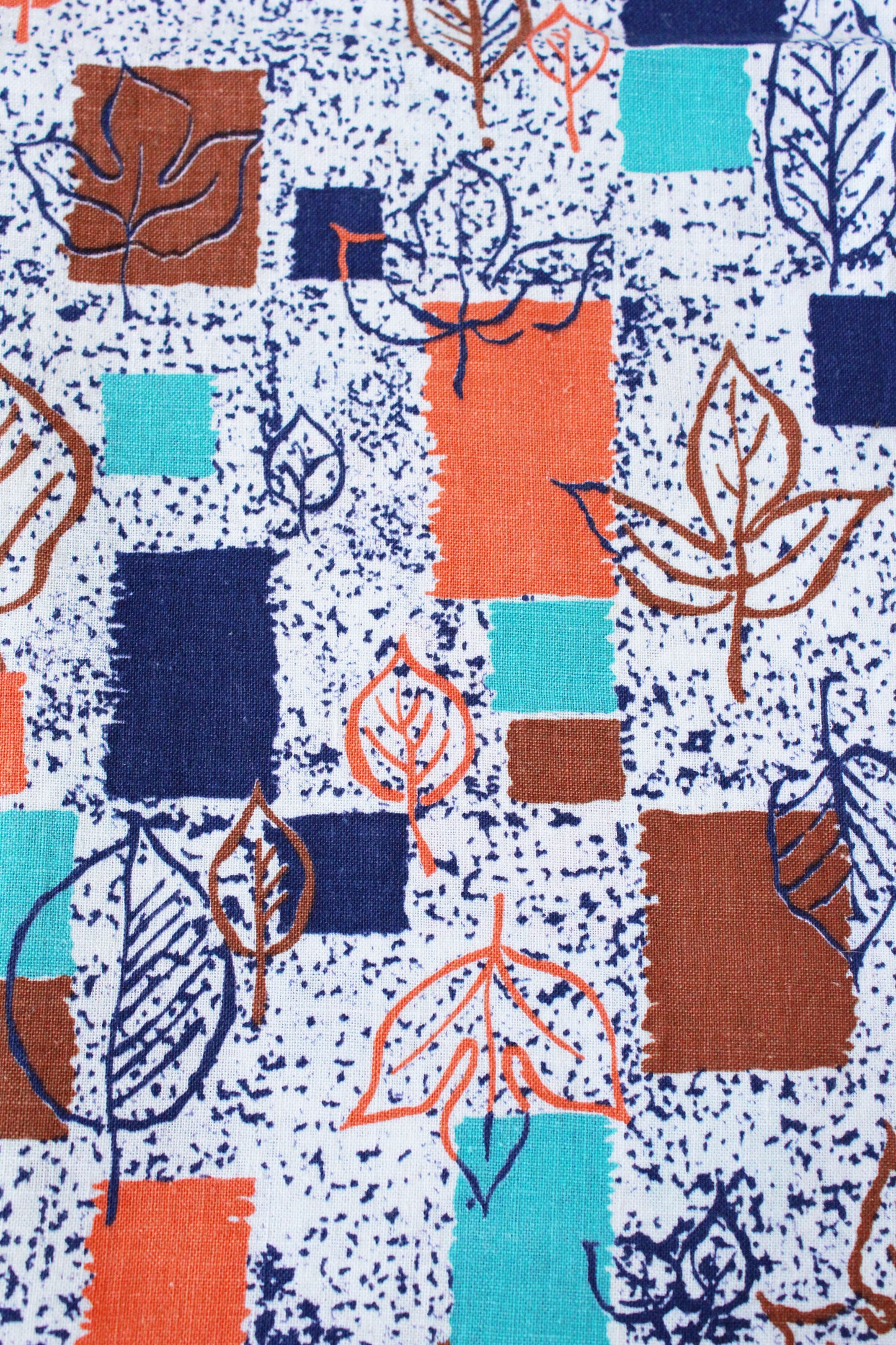 1950s Feedsack In White/Blue/ Orange, Leaf and Geometric Print, Summer, Fall Fabric