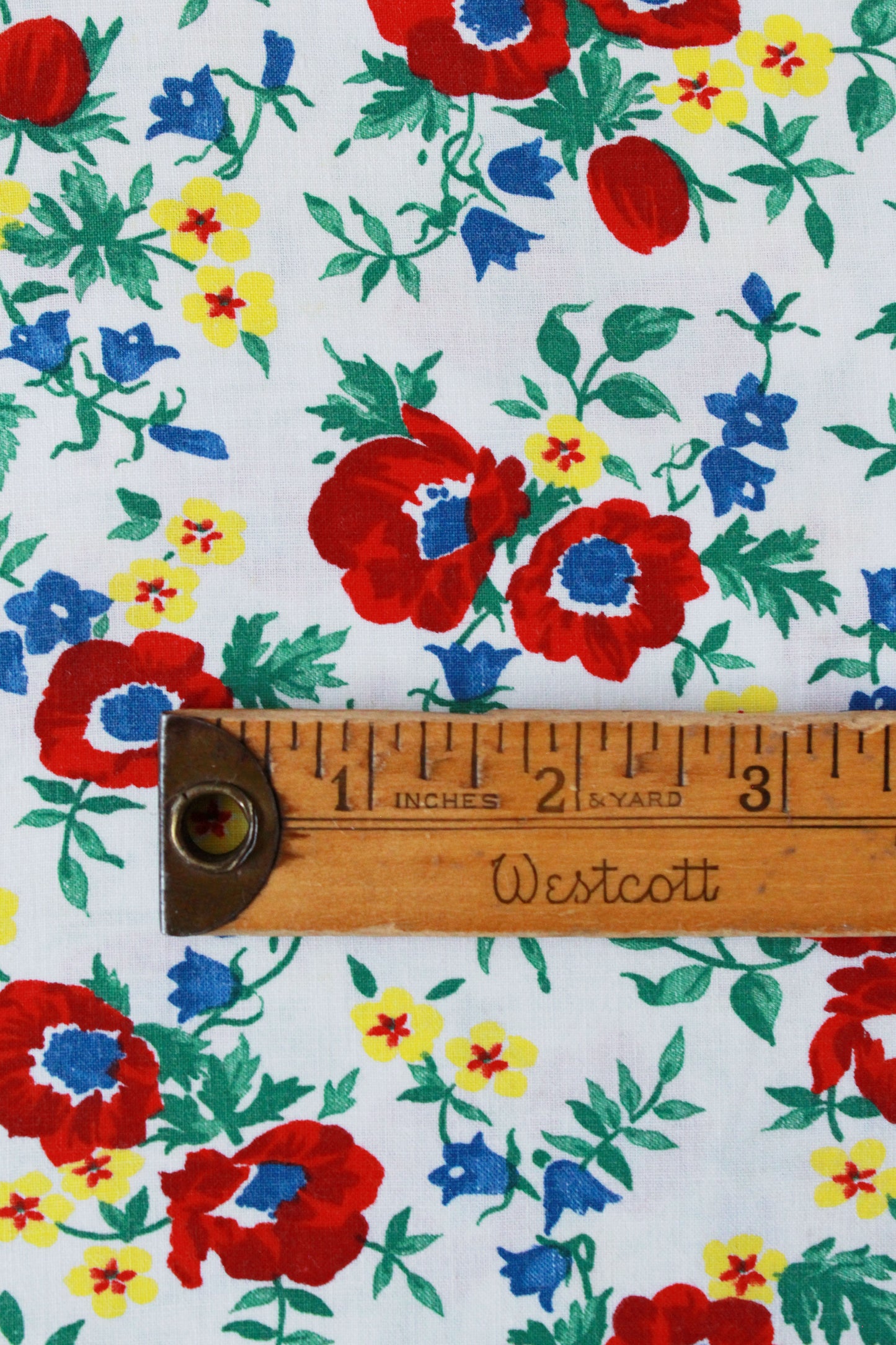 1940s Floral Feedsack Fabric With Red Flowers, Green, Blue And Yellow Details, 1940 Summer Fabric