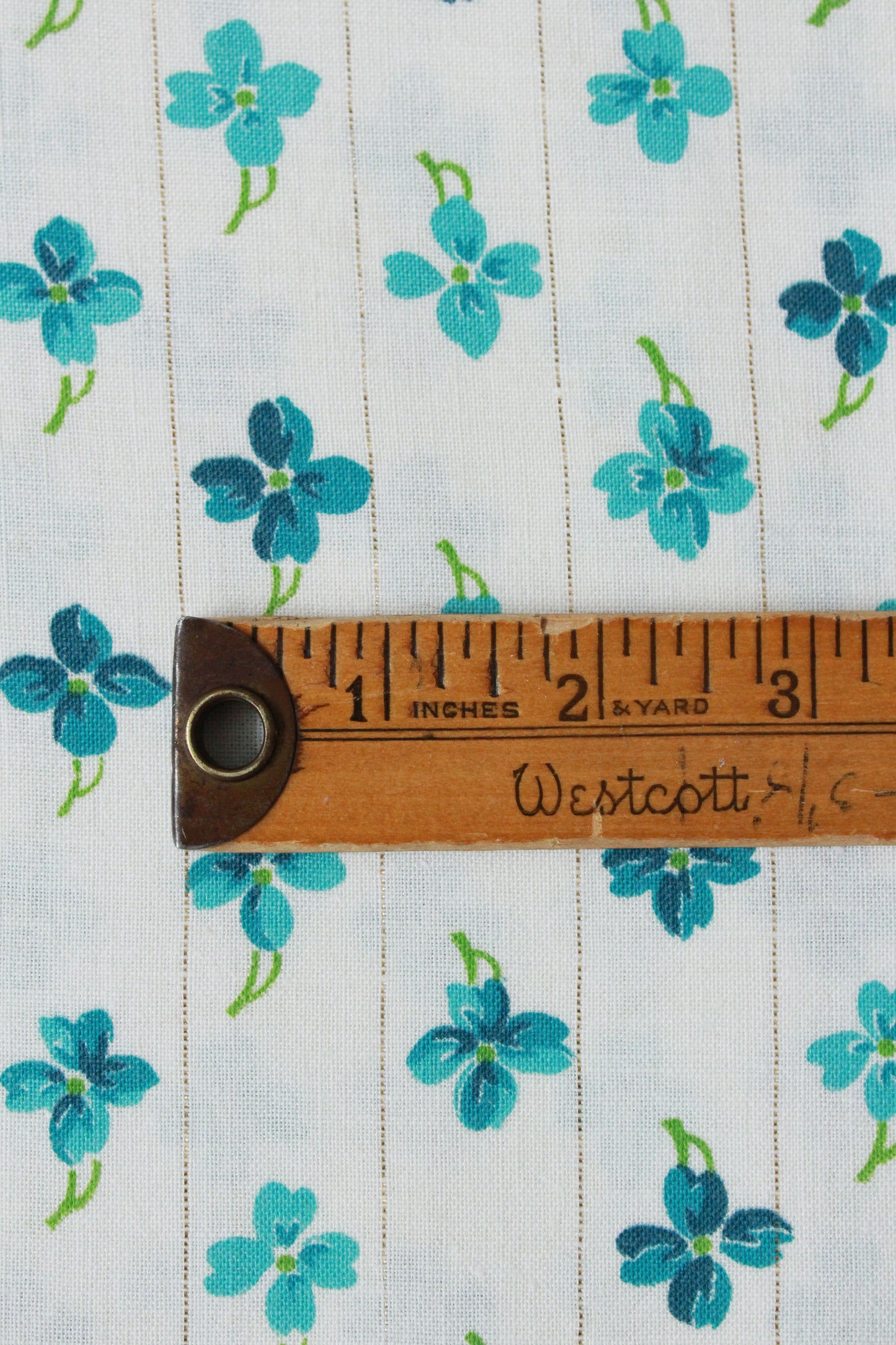 1950s Vintage Floral Feedsack, With Blue flowers and Gold Pinstripe, Vintage Summer Fabric