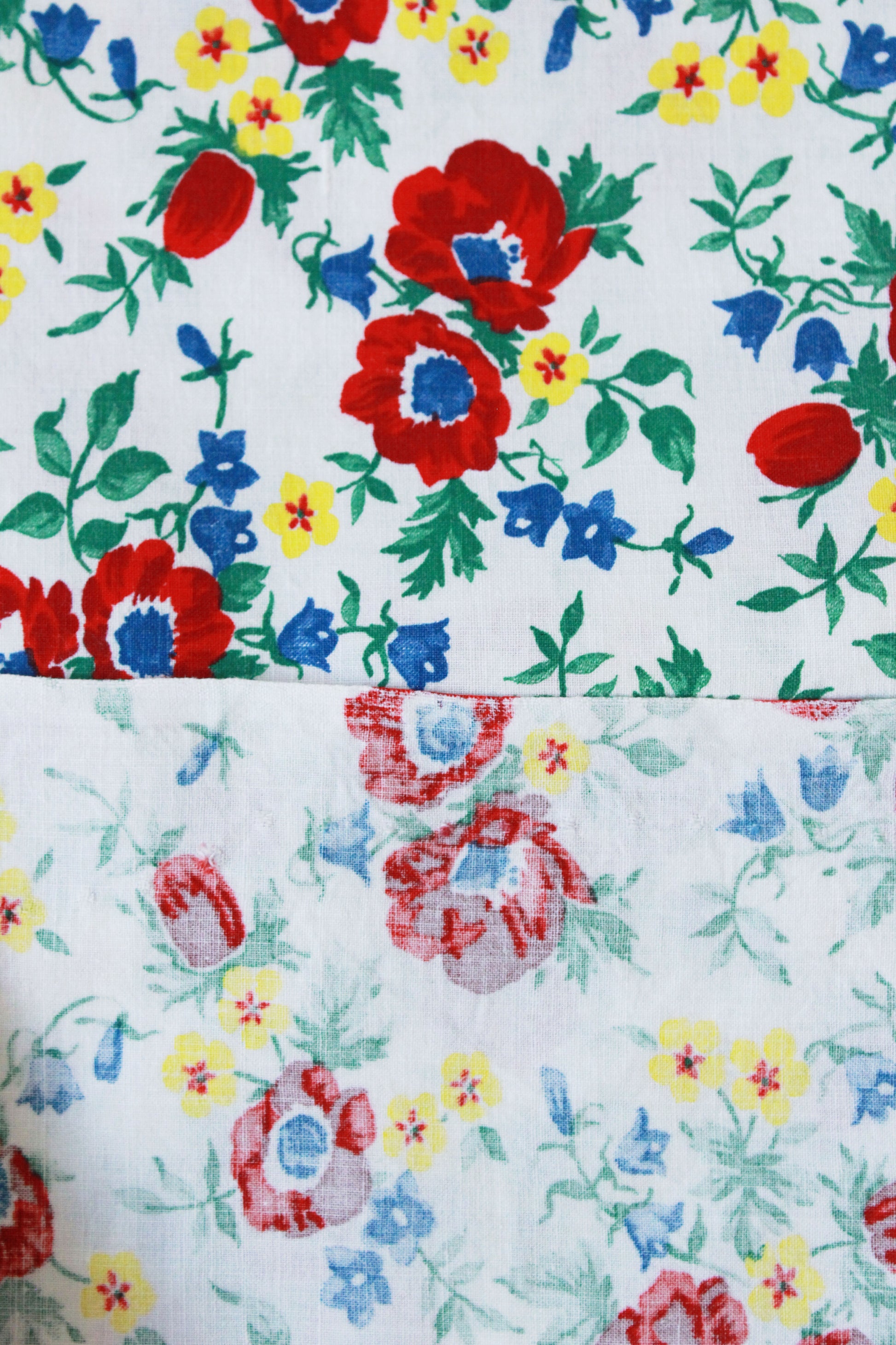 1940s Floral Feedsack Fabric With Red Flowers, Green, Blue And Yellow Details, 1940 Summer Fabric