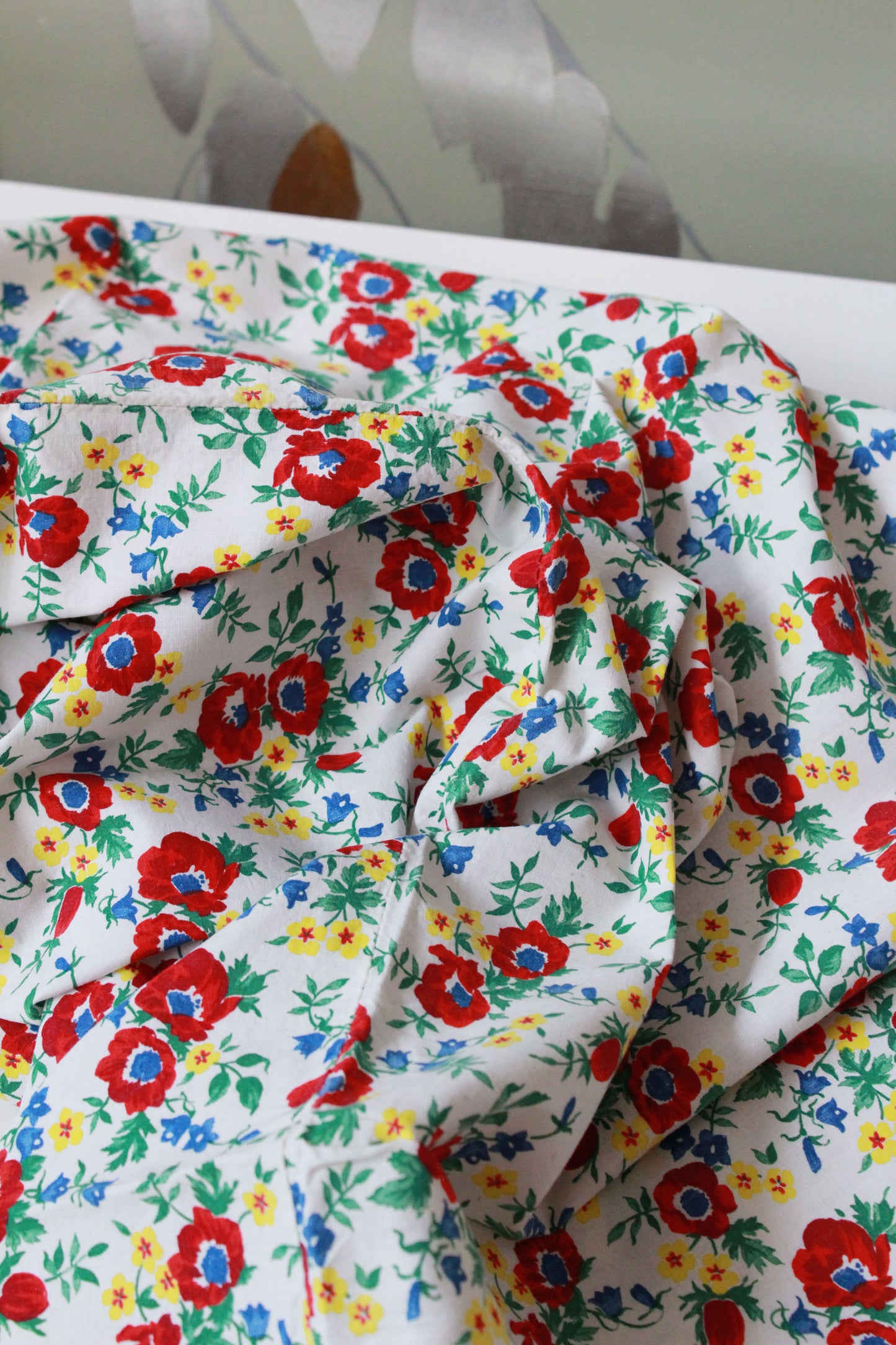 1940s Floral Feedsack Fabric With Red Flowers, Green, Blue And Yellow Details, 1940 Summer Fabric