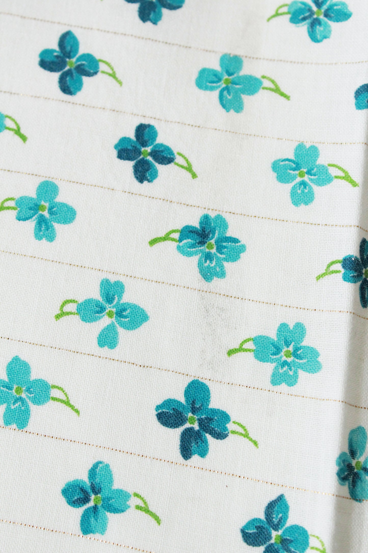 1950s Vintage Floral Feedsack, With Blue flowers and Gold Pinstripe, Vintage Summer Fabric