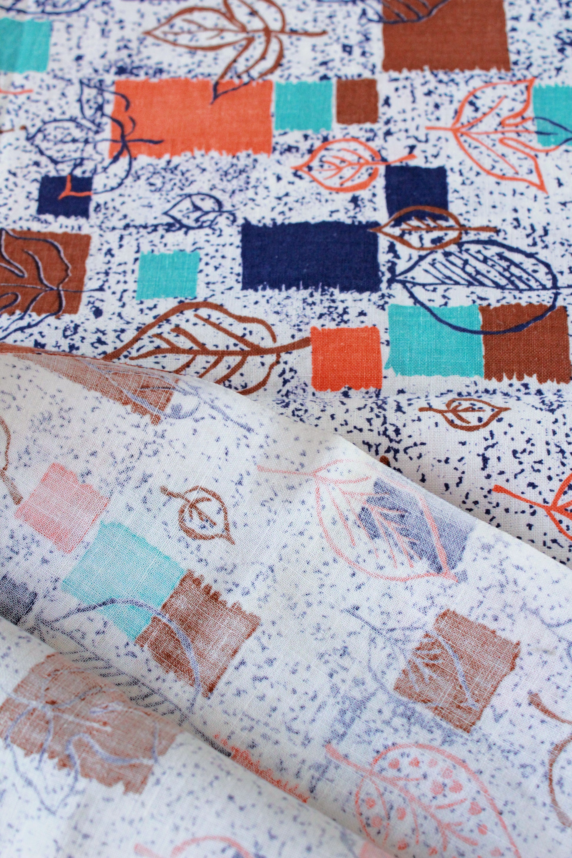 1950s Feedsack In White/Blue/ Orange, Leaf and Geometric Print, Summer, Fall Fabric