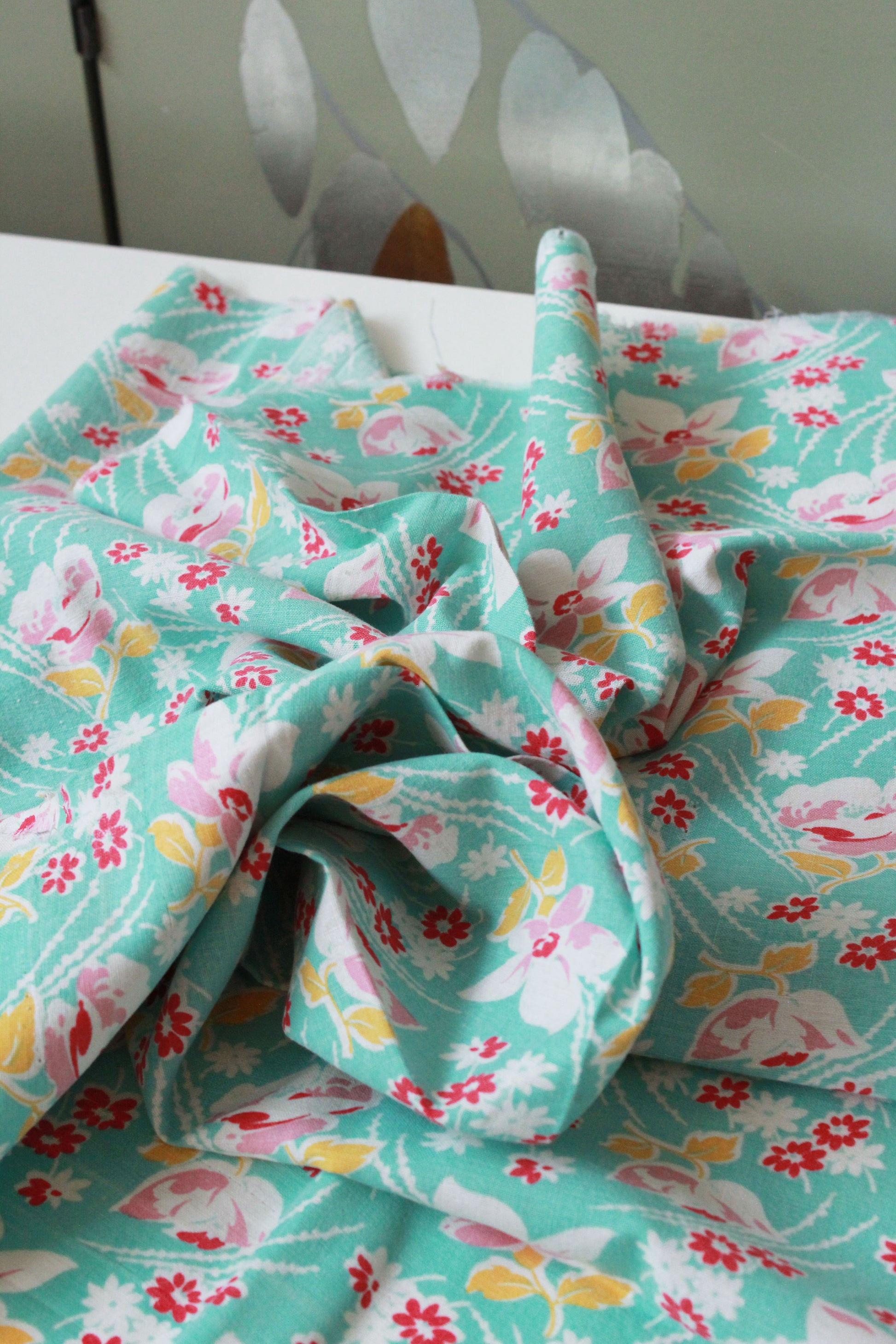 1940s Teal Feedsack, Summer Floral Print, Pink/Yellow/Teal, Vintage Summer Fabric