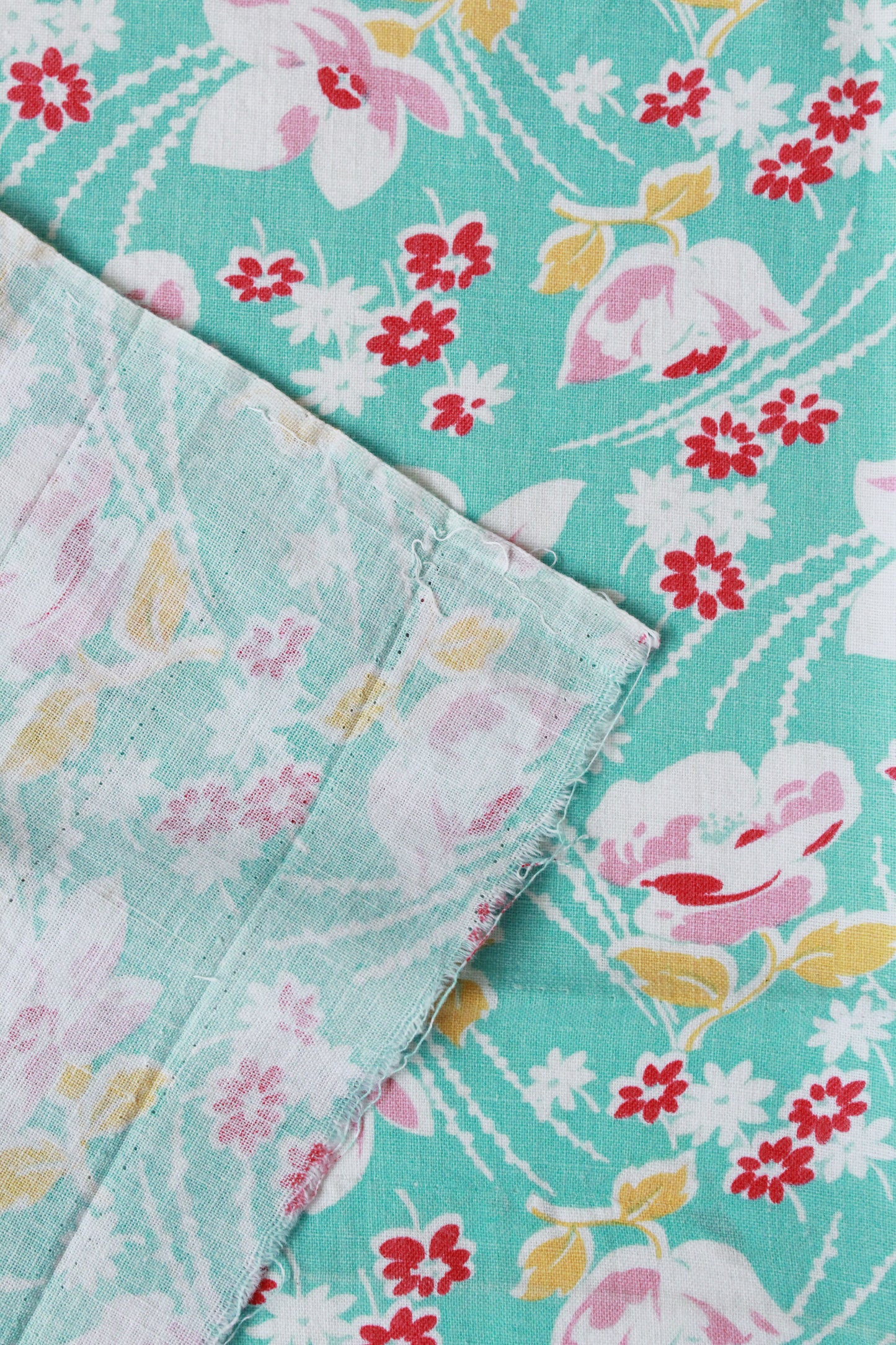 1940s Teal Feedsack, Summer Floral Print, Pink/Yellow/Teal, Vintage Summer Fabric