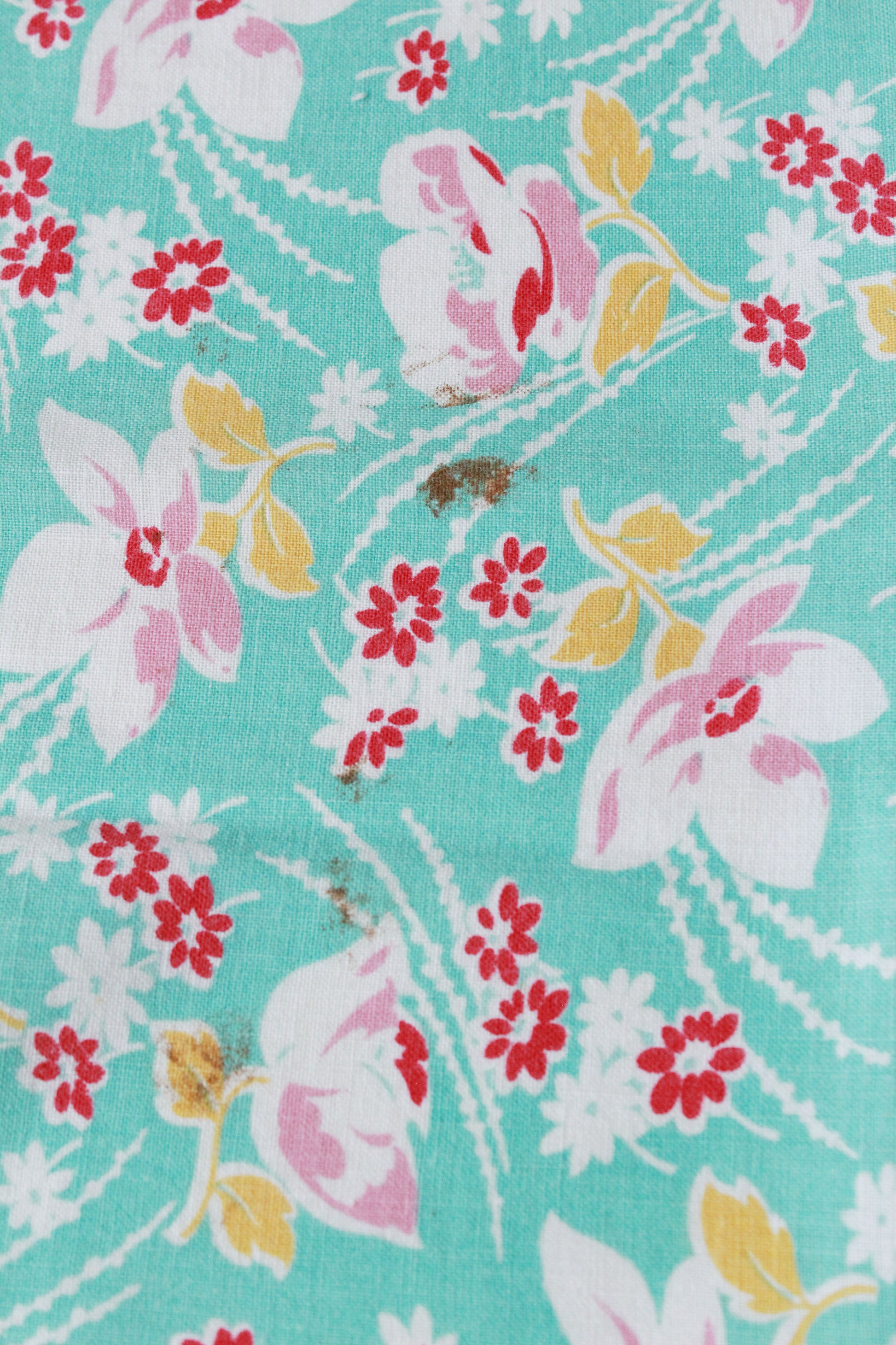 1940s Teal Feedsack, Summer Floral Print, Pink/Yellow/Teal, Vintage Summer Fabric