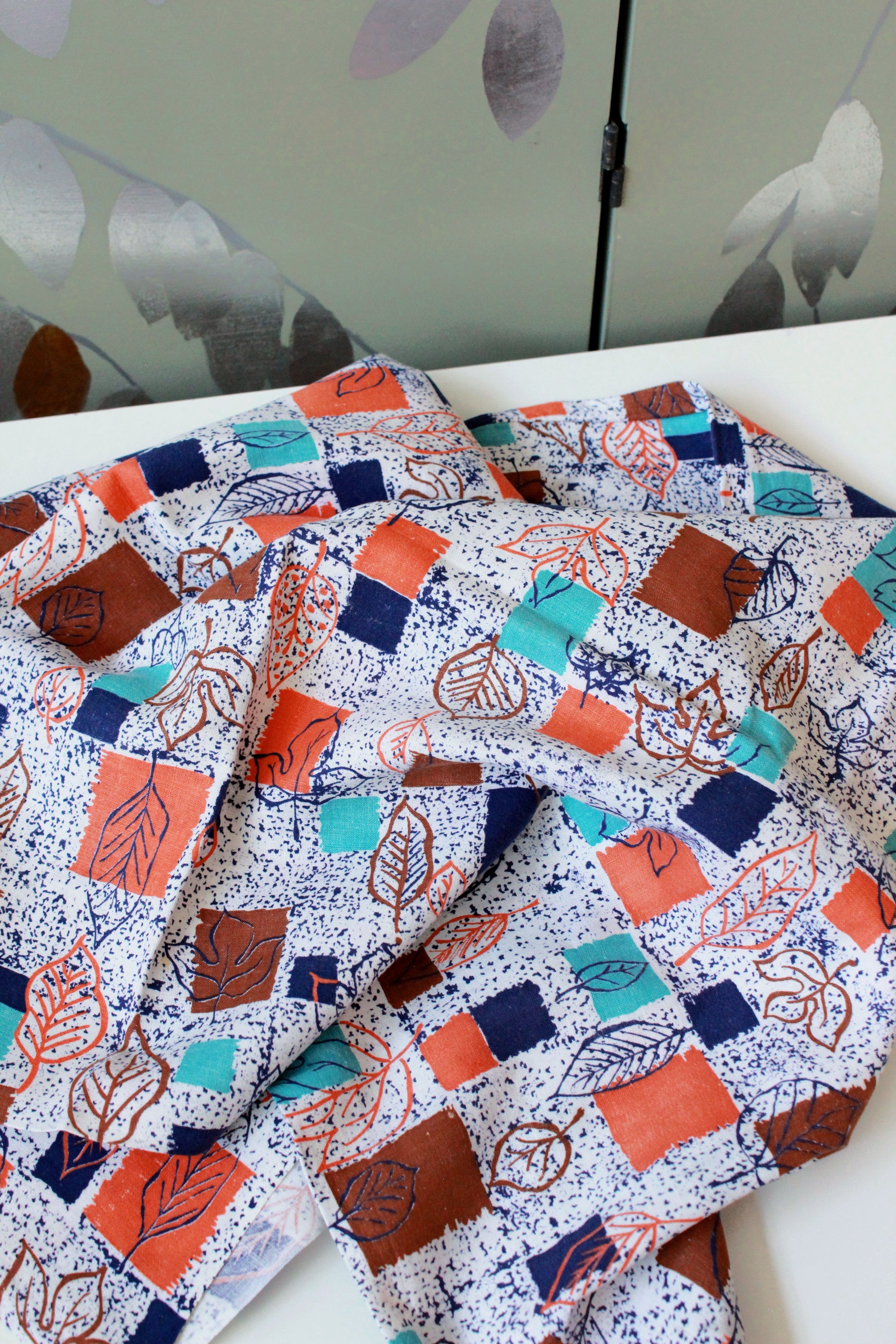 1950s Feedsack In White/Blue/ Orange, Leaf and Geometric Print, Summer, Fall Fabric