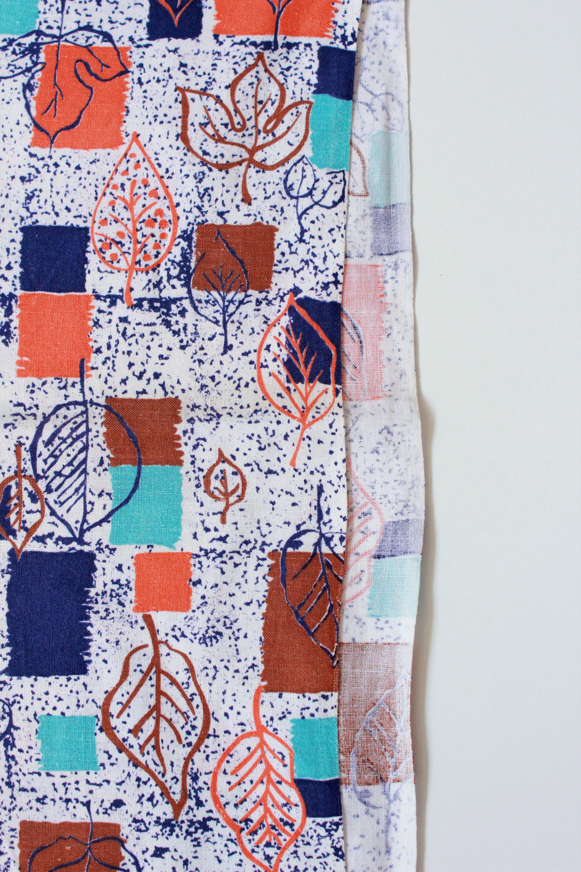 1950s Feedsack In White/Blue/ Orange, Leaf and Geometric Print, Summer, Fall Fabric