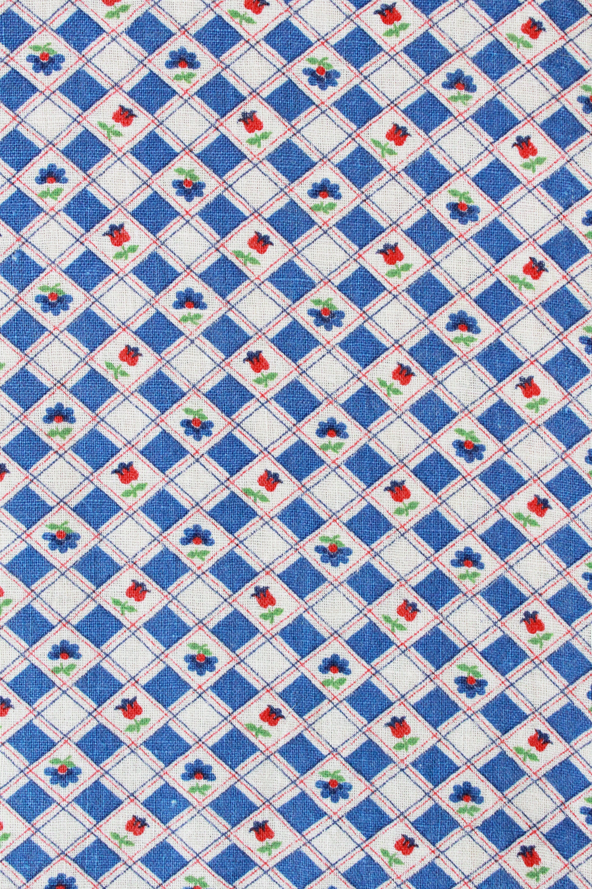 Vintage 1940s Feedsack, Blue and White Floral with Tulips, 1940s Checkered fabric, Vintage Summer FabricVintage 1940s Feedsack, Blue and White Floral with Tulips, 1940s Checkered fabric, Vintage Summer Fabric