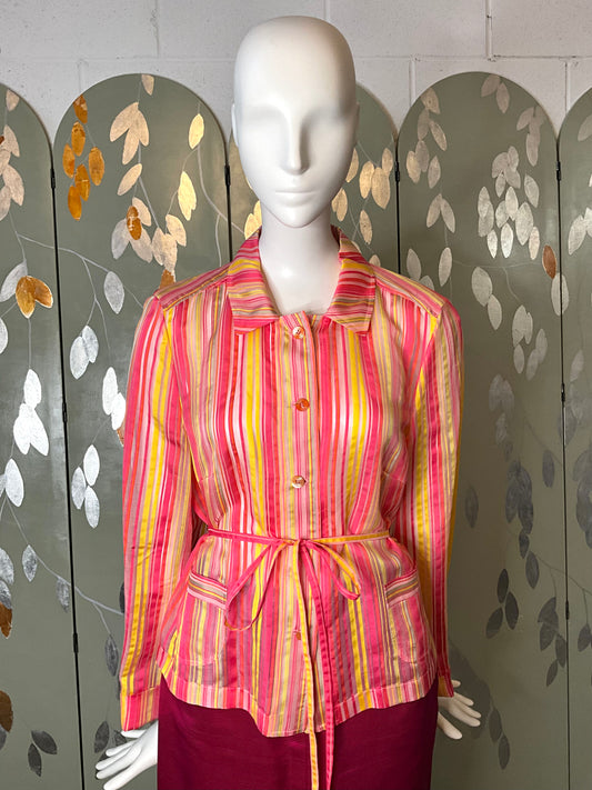 Vintage 90s/2000s Féraud Pink and Yellow Sheer Silk Stripe Jacket, Large