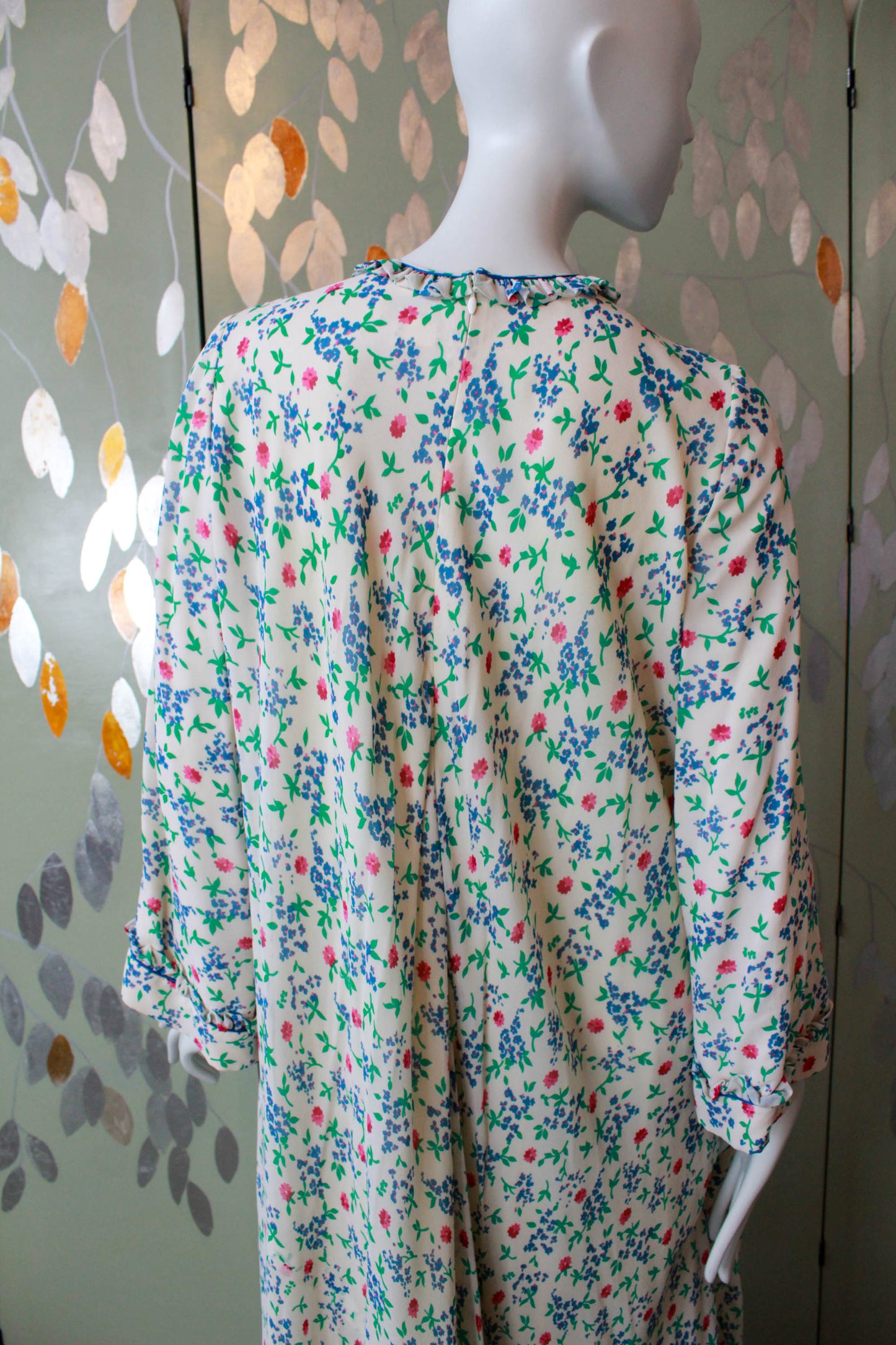 1970s Floral Print Silk Bell Sleeve Maxi Dress by Leron, Medium