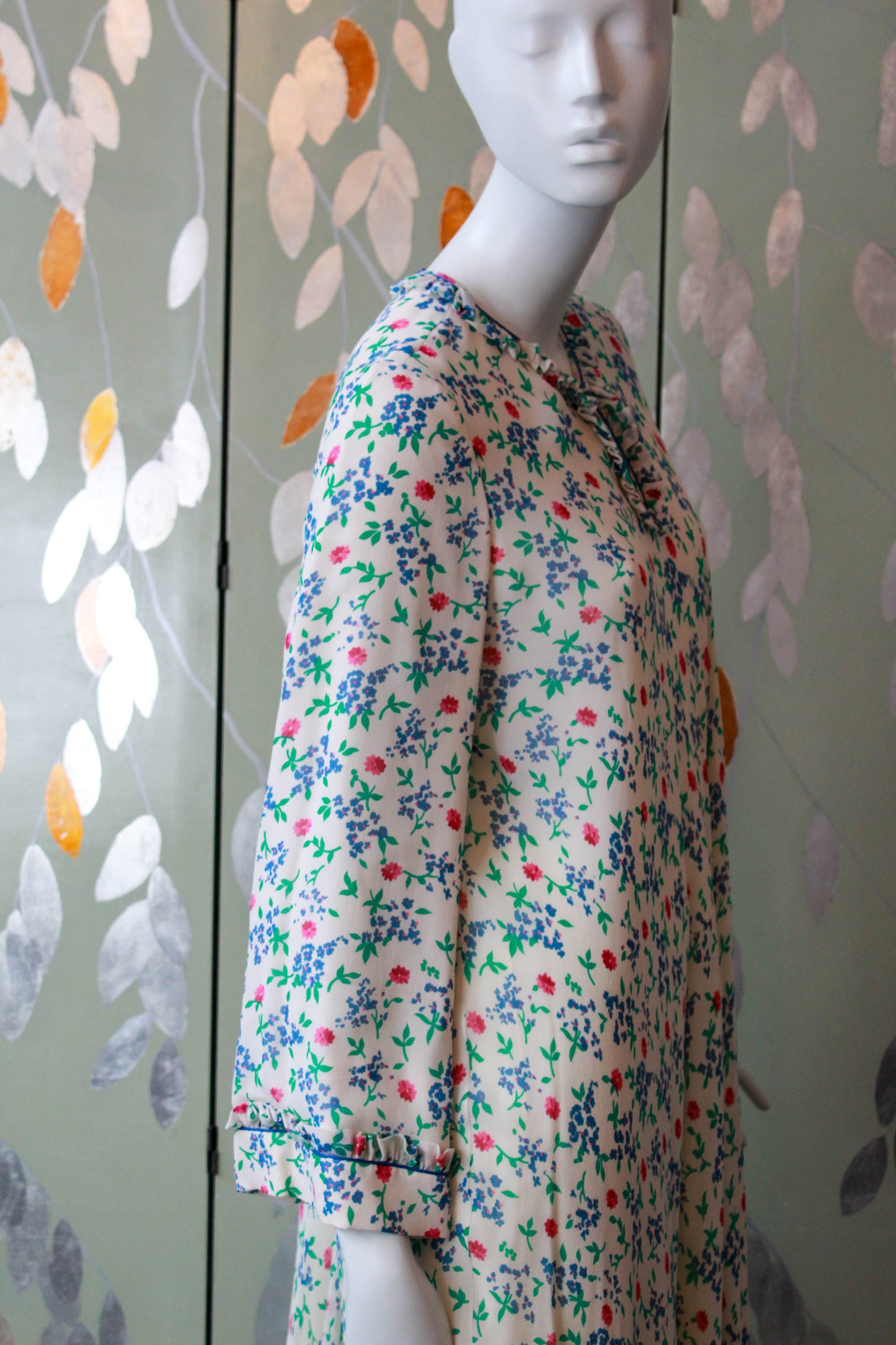 1970s Floral Print Silk Bell Sleeve Maxi Dress by Leron, Medium