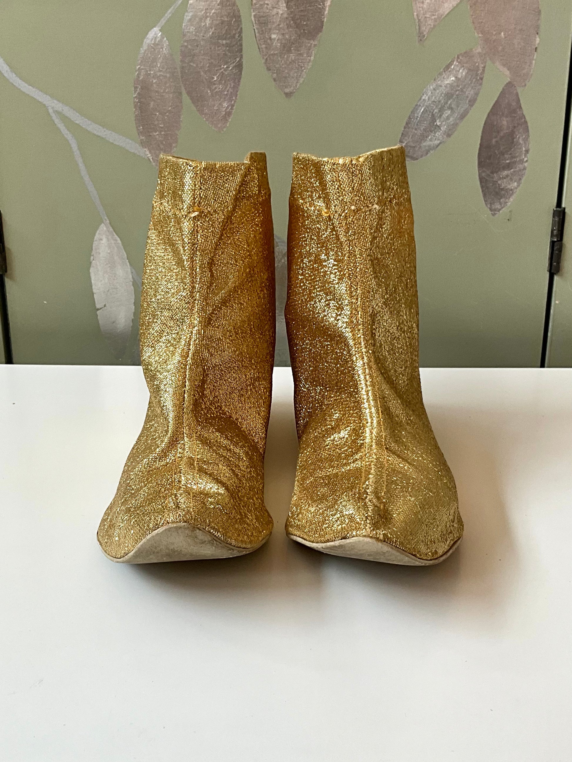 Vintage 1960s Metallic Gold Lurex Pointed Toe Mod Ankle Bootie, Size 8 