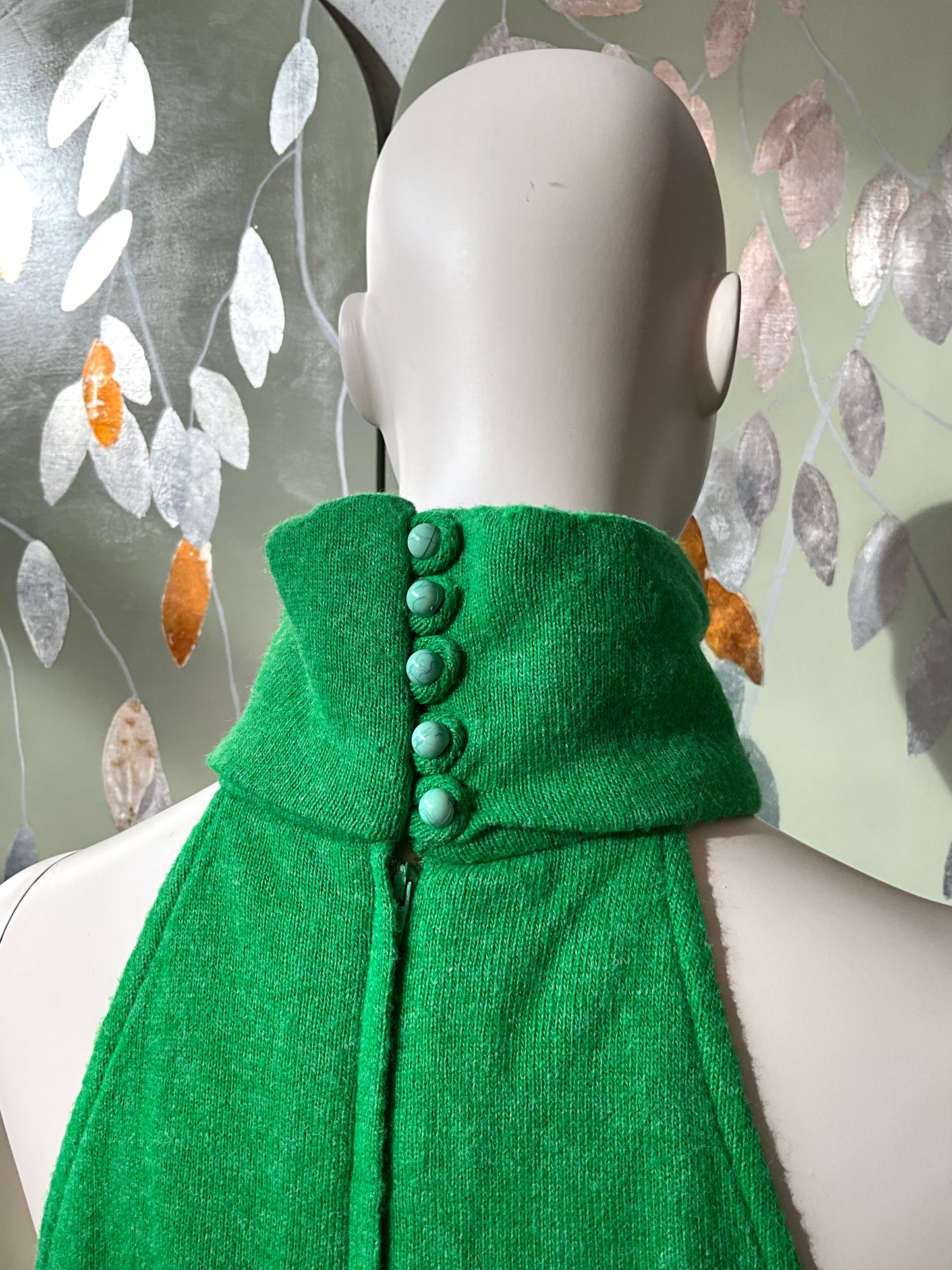 Vintage 1970s Green Wool Halter Neck Maxi Dress, S-M 