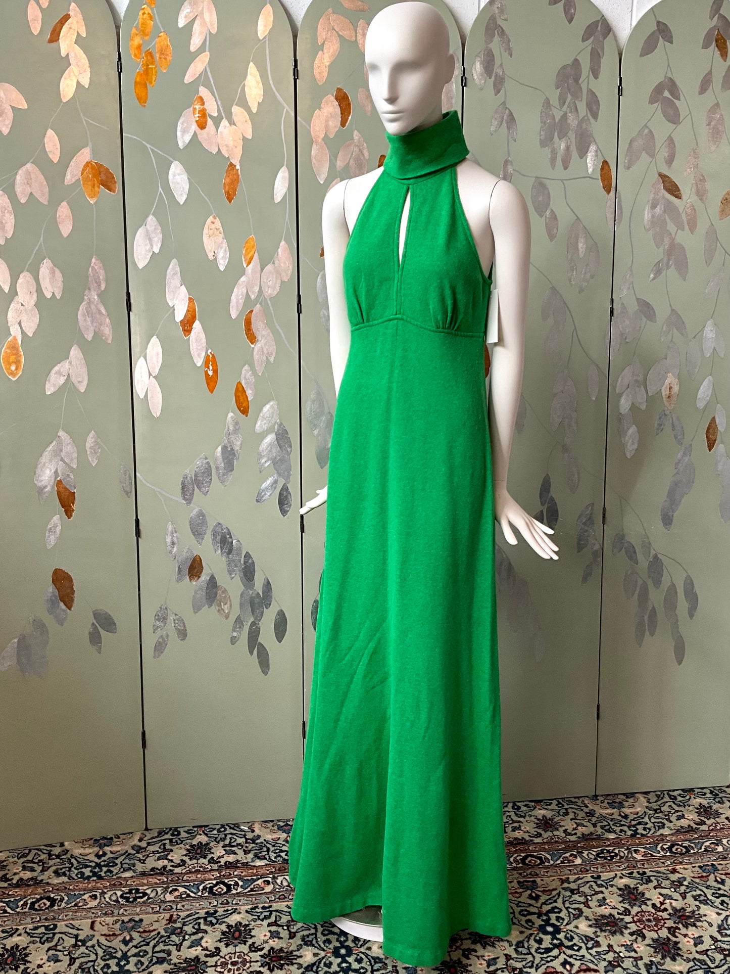 Vintage 1970s Green Wool Halter Neck Maxi Dress, S-M 