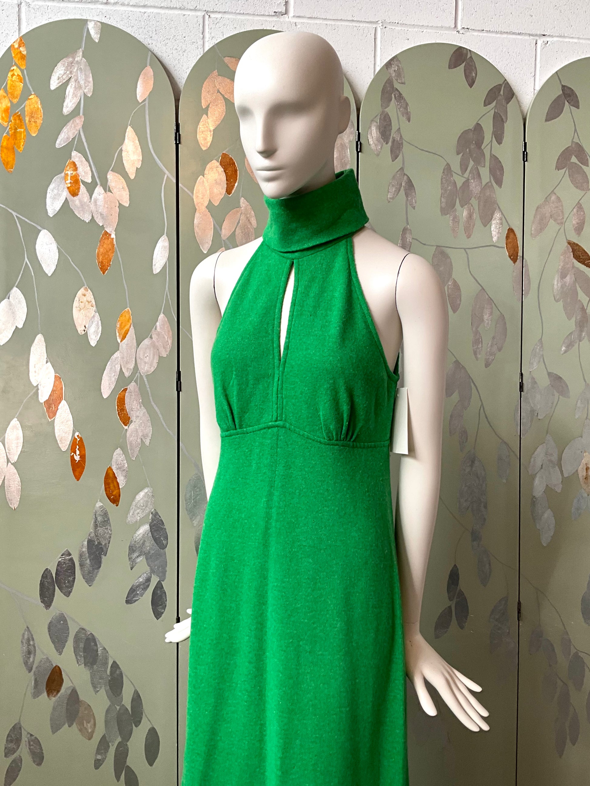 Vintage 1970s Green Wool Halter Neck Maxi Dress, S-M 