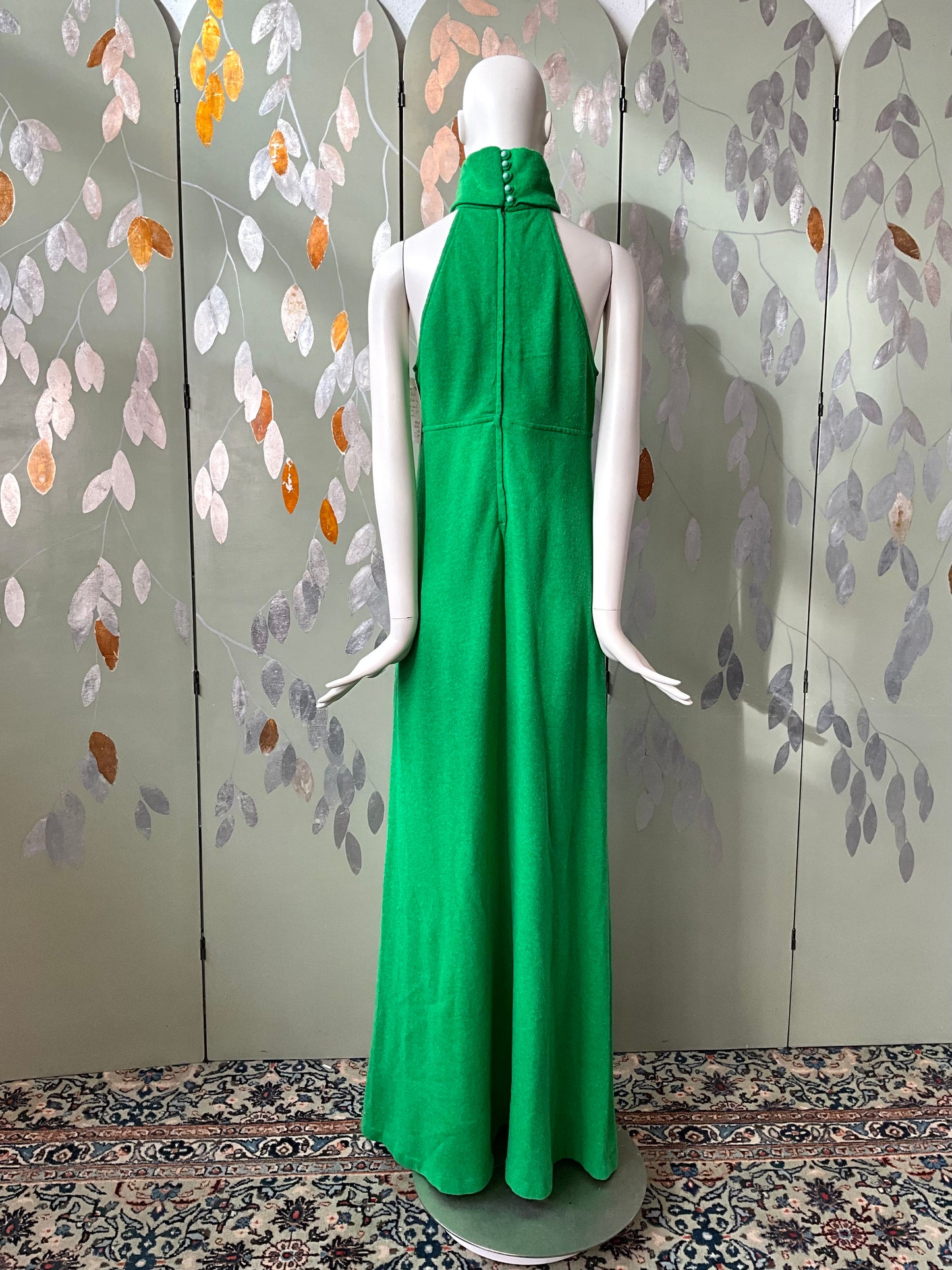 Vintage 1970s Green Wool Halter Neck Maxi Dress, S-M 