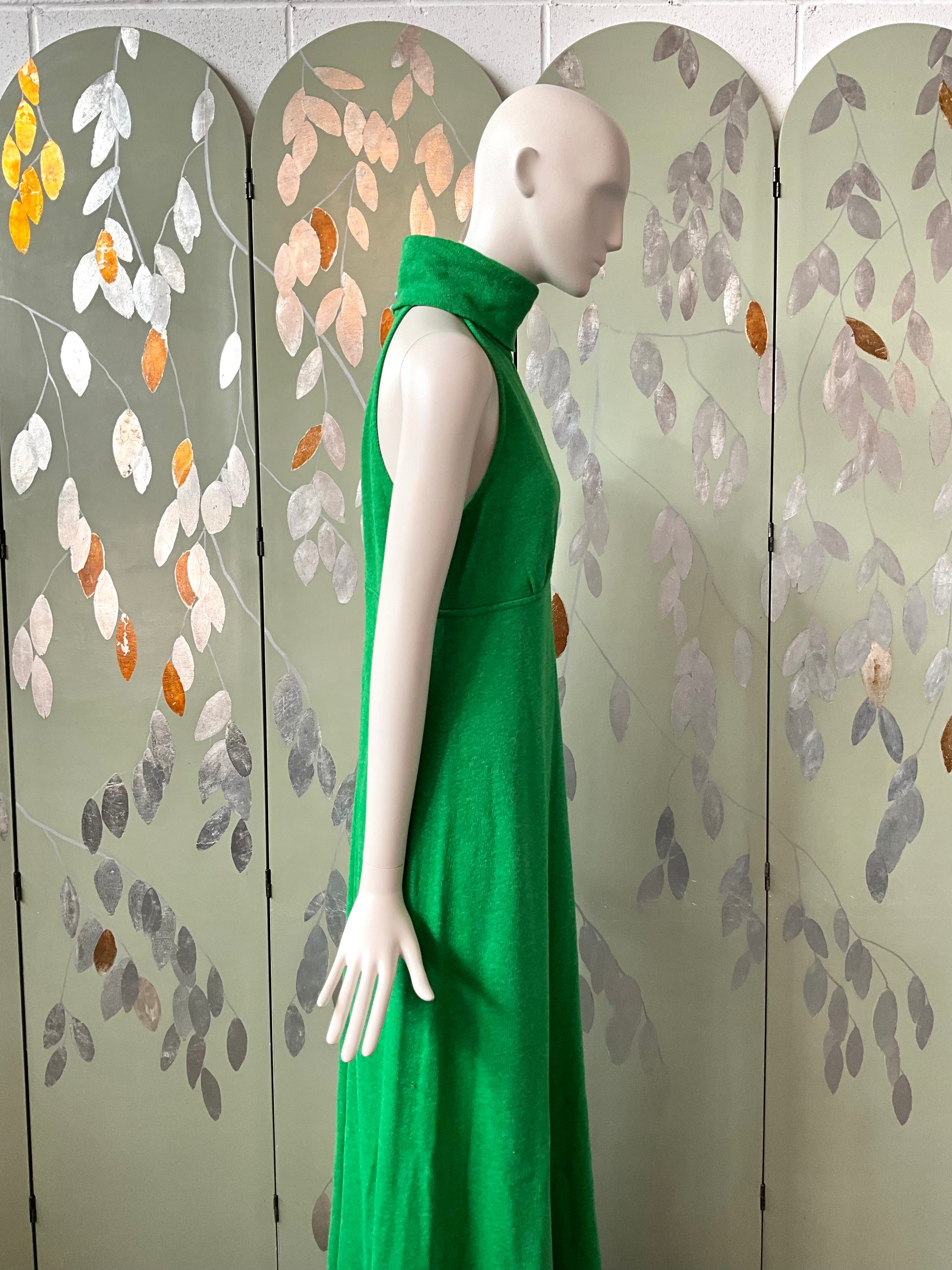 Vintage 1970s Green Wool Halter Neck Maxi Dress, S-M 