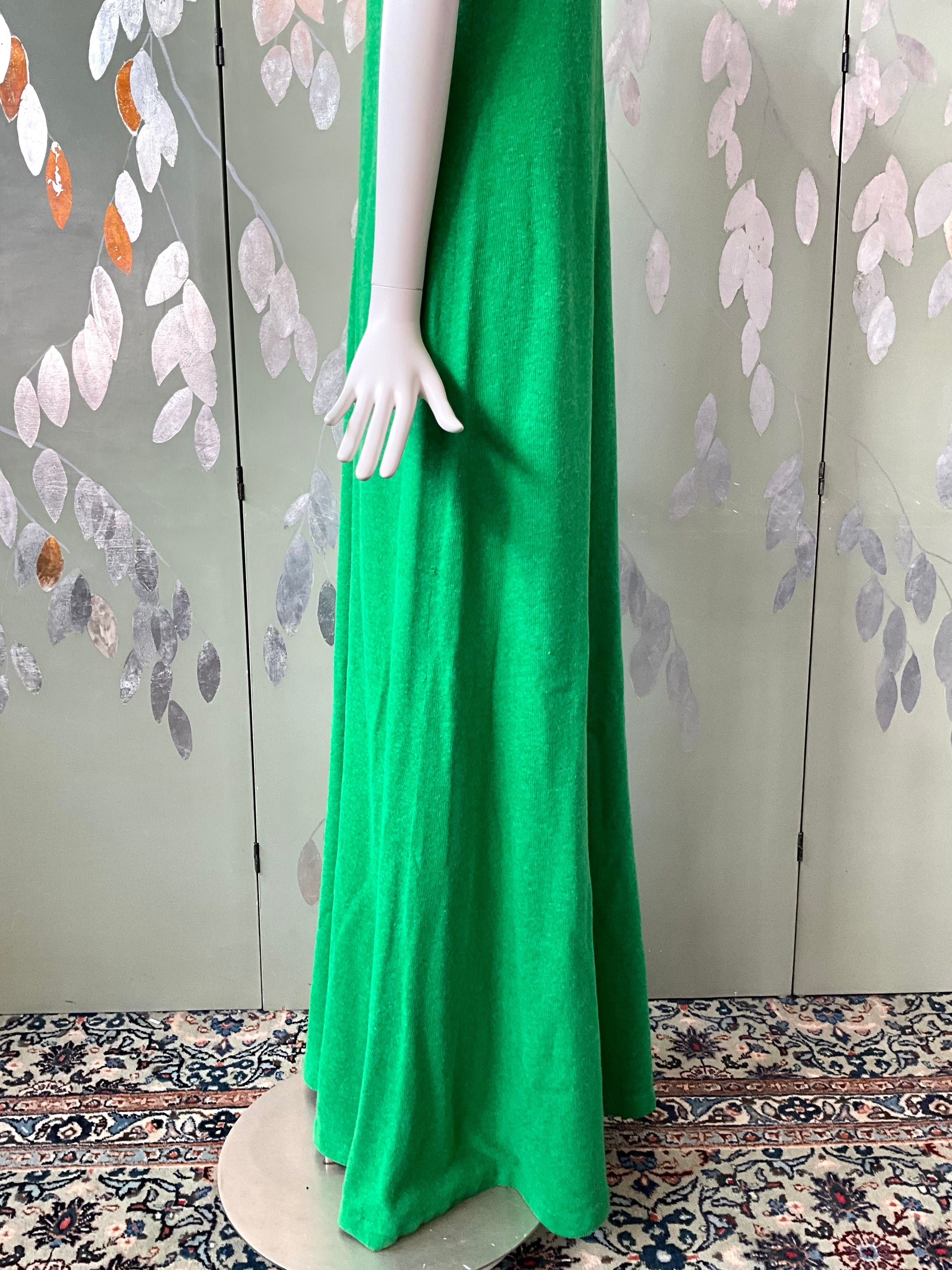 Vintage 1970s Green Wool Halter Neck Maxi Dress, S-M 