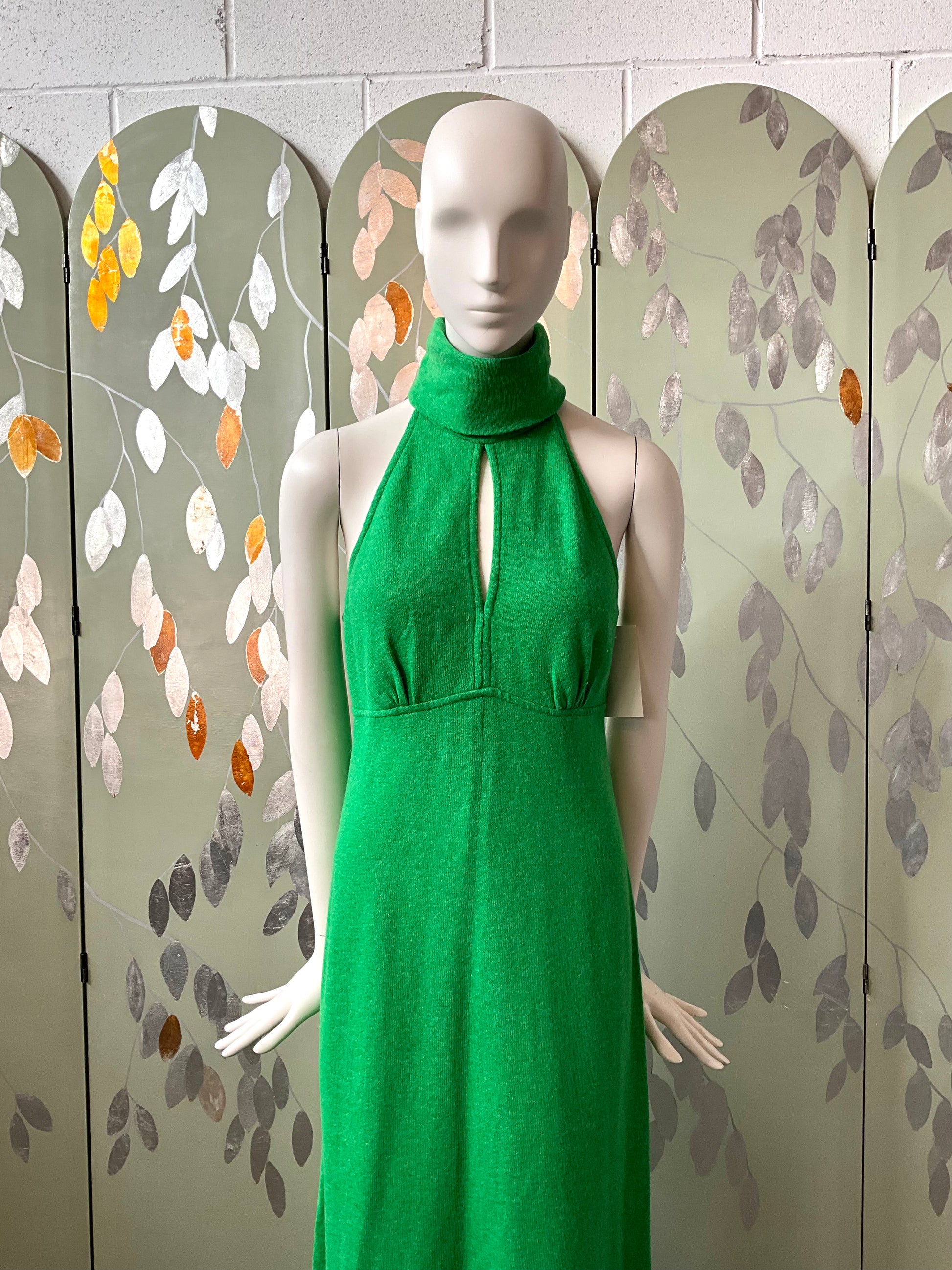 Vintage 1970s Green Wool Halter Neck Maxi Dress, S-M 