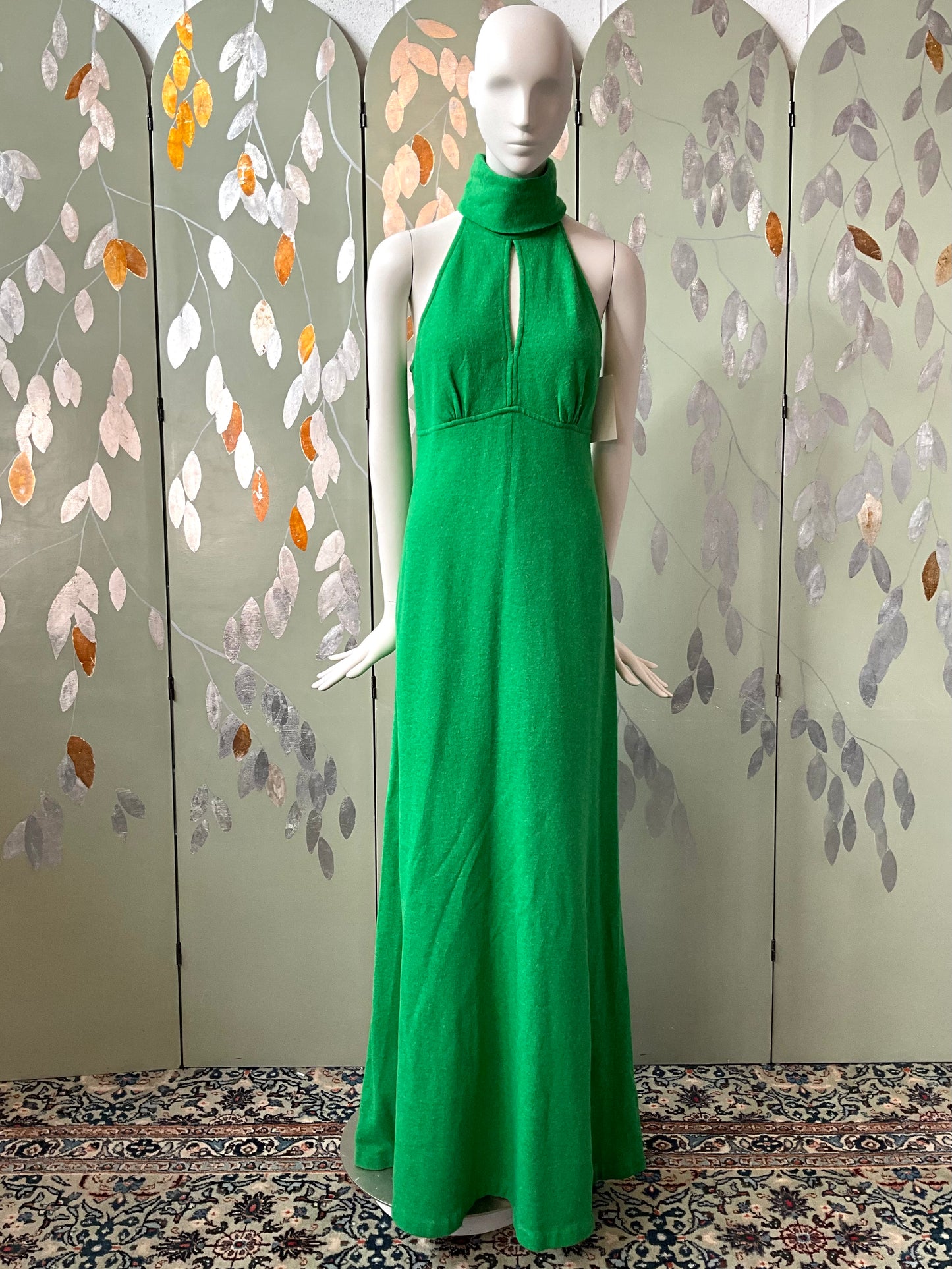 Vintage 1970s Green Wool Halter Neck Maxi Dress, S-M 