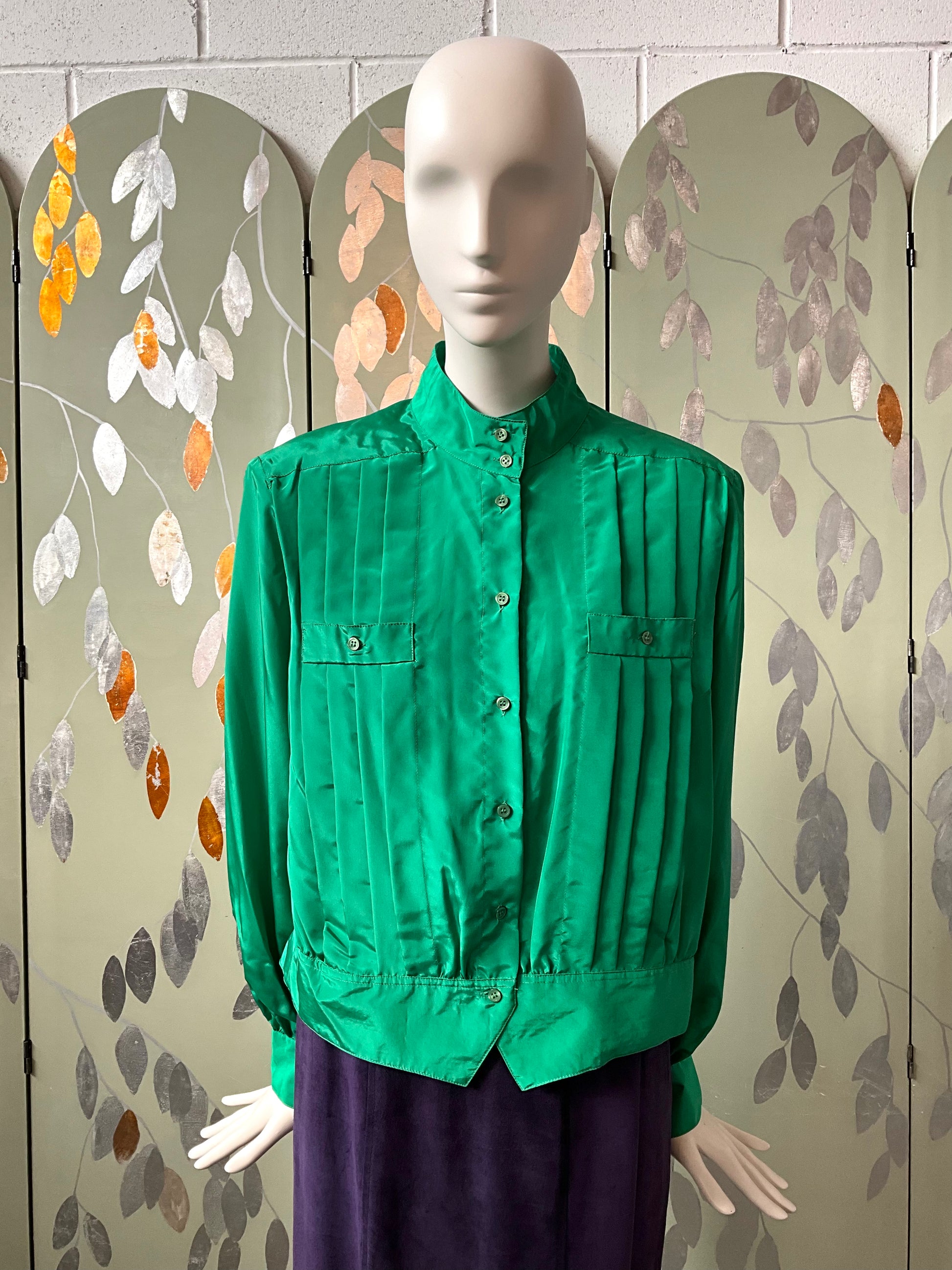 Vintage 1980s Shamrock Green Satin Pleated Bomber Style Blouse, Large 