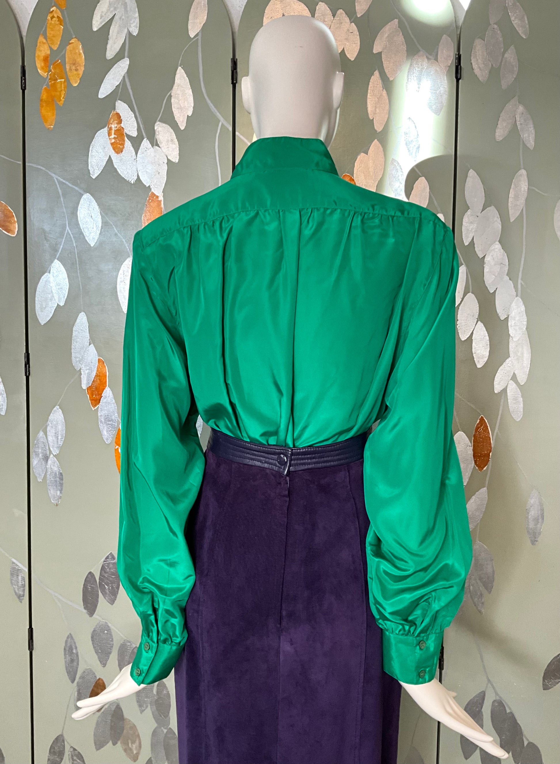 Vintage 1980s Shamrock Green Satin Pleated Bomber Style Blouse, Large 