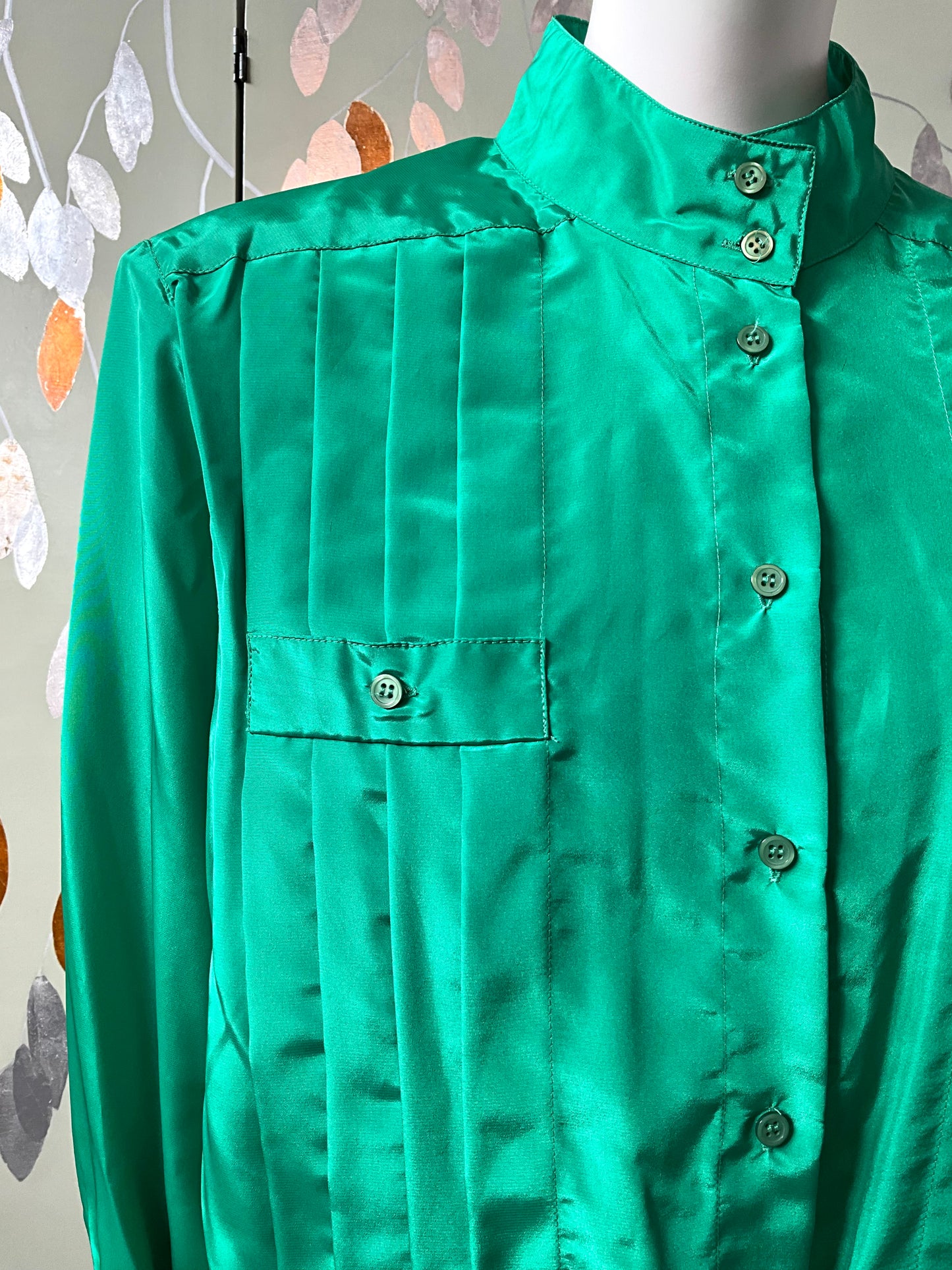 Vintage 1980s Shamrock Green Satin Pleated Bomber Style Blouse, Large 