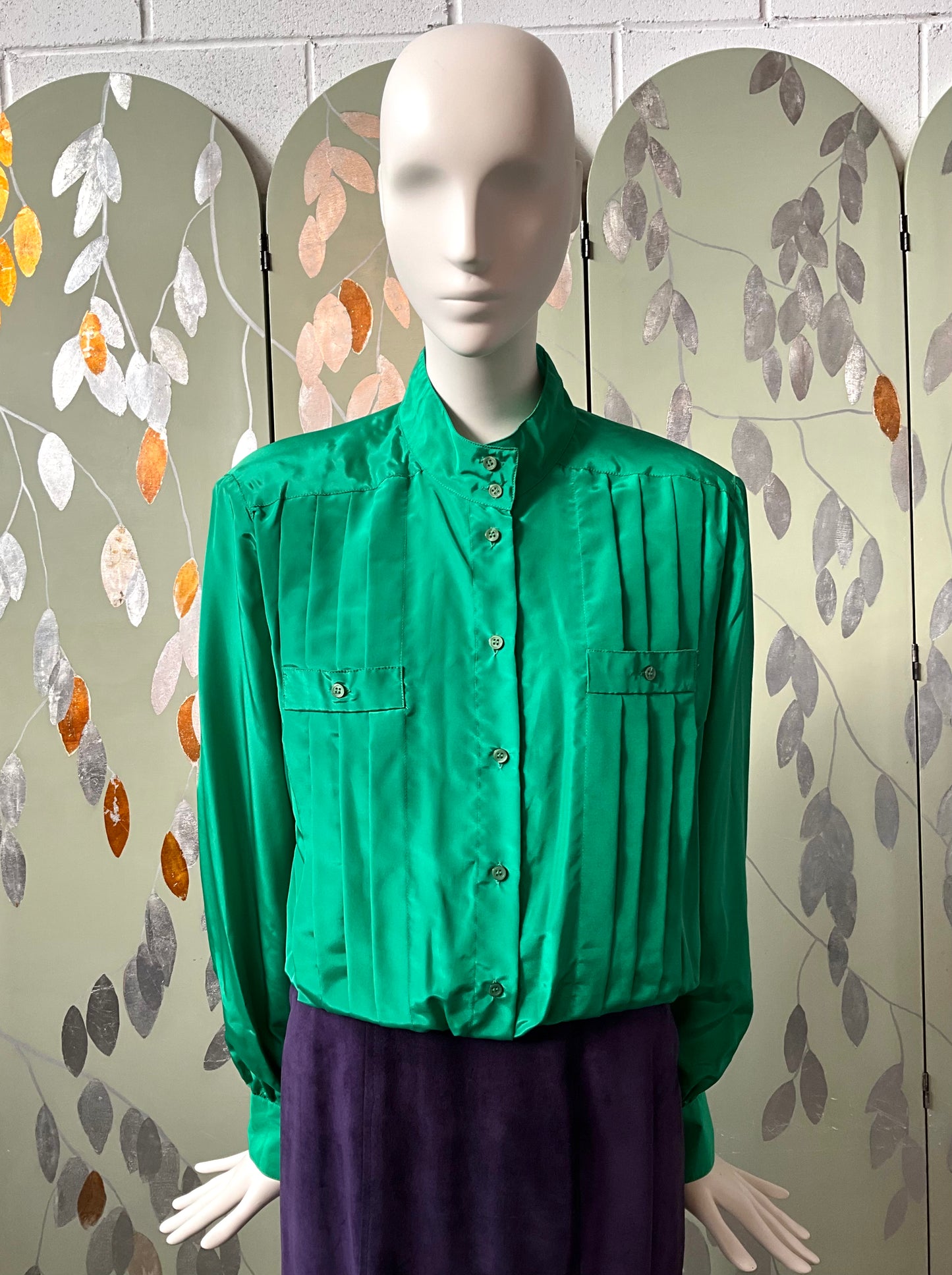 Vintage 1980s Shamrock Green Satin Pleated Bomber Style Blouse, Large 