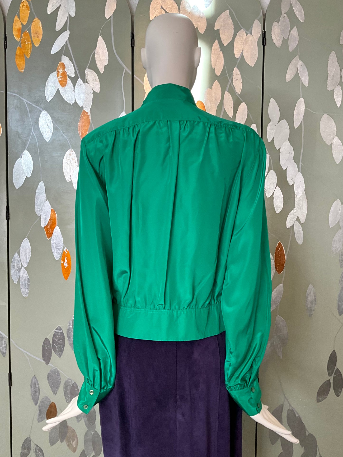 Vintage 1980s Shamrock Green Satin Pleated Bomber Style Blouse, Large 