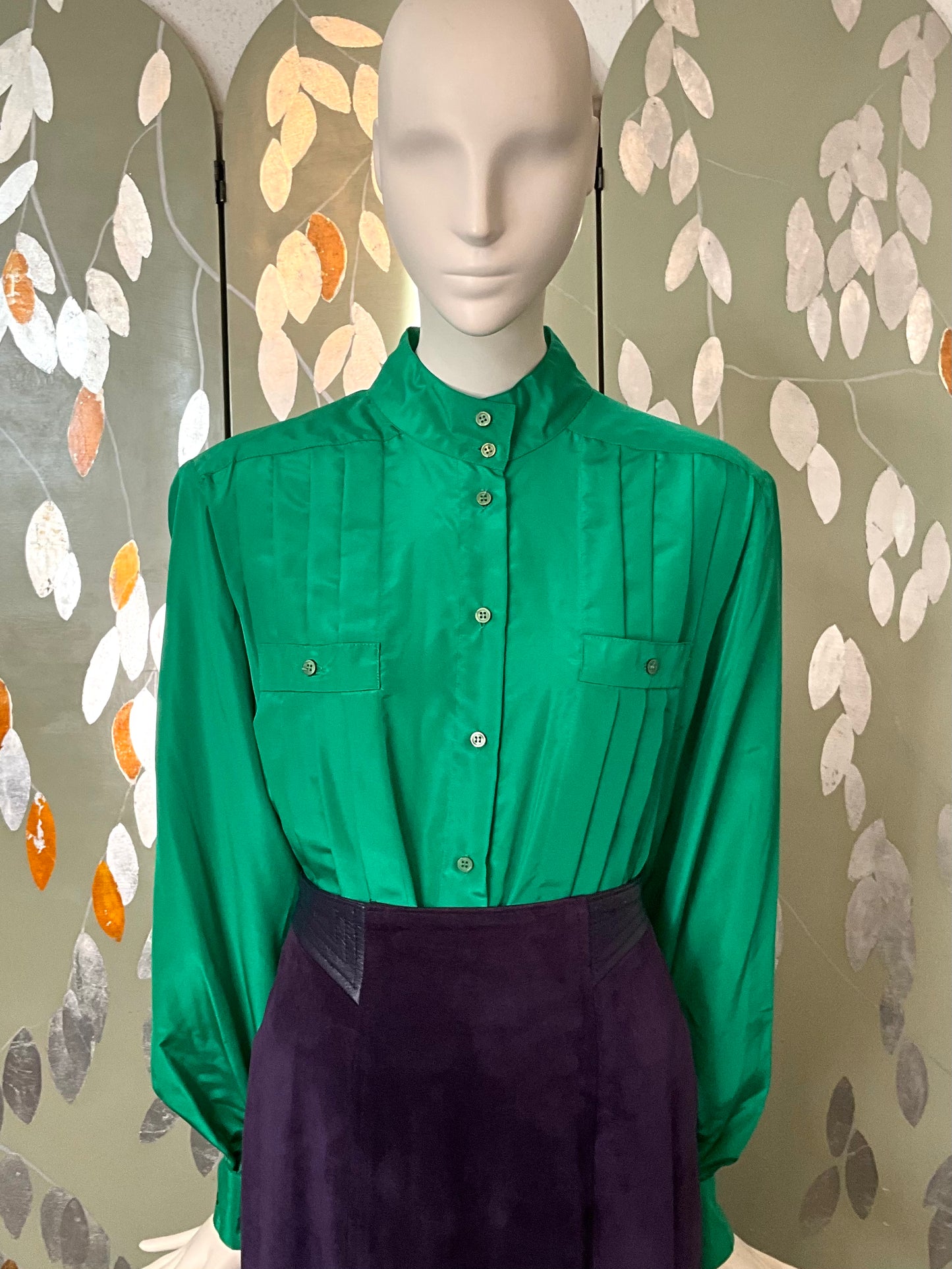 Vintage 1980s Shamrock Green Satin Pleated Bomber Style Blouse, Large 