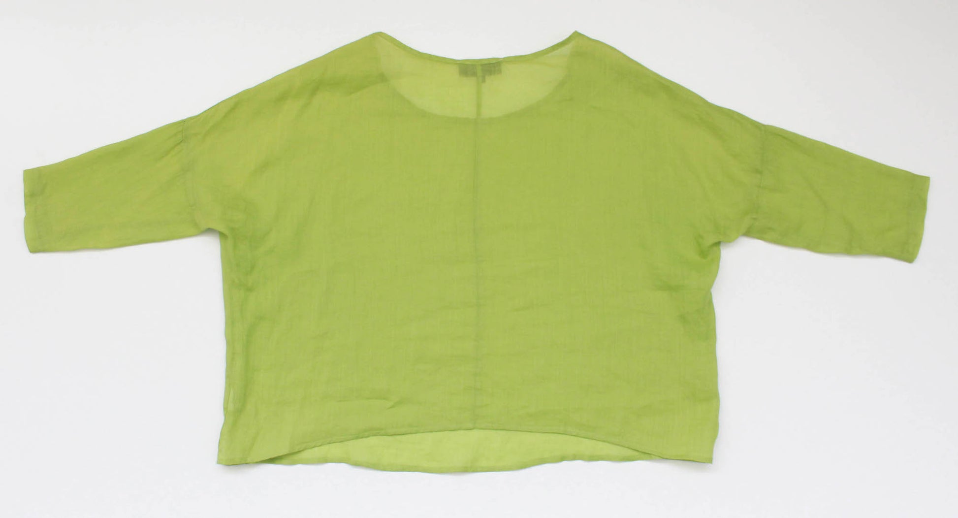 linen and silk green loose boxy cut blouse with scoop neck, three quarter sleeves 