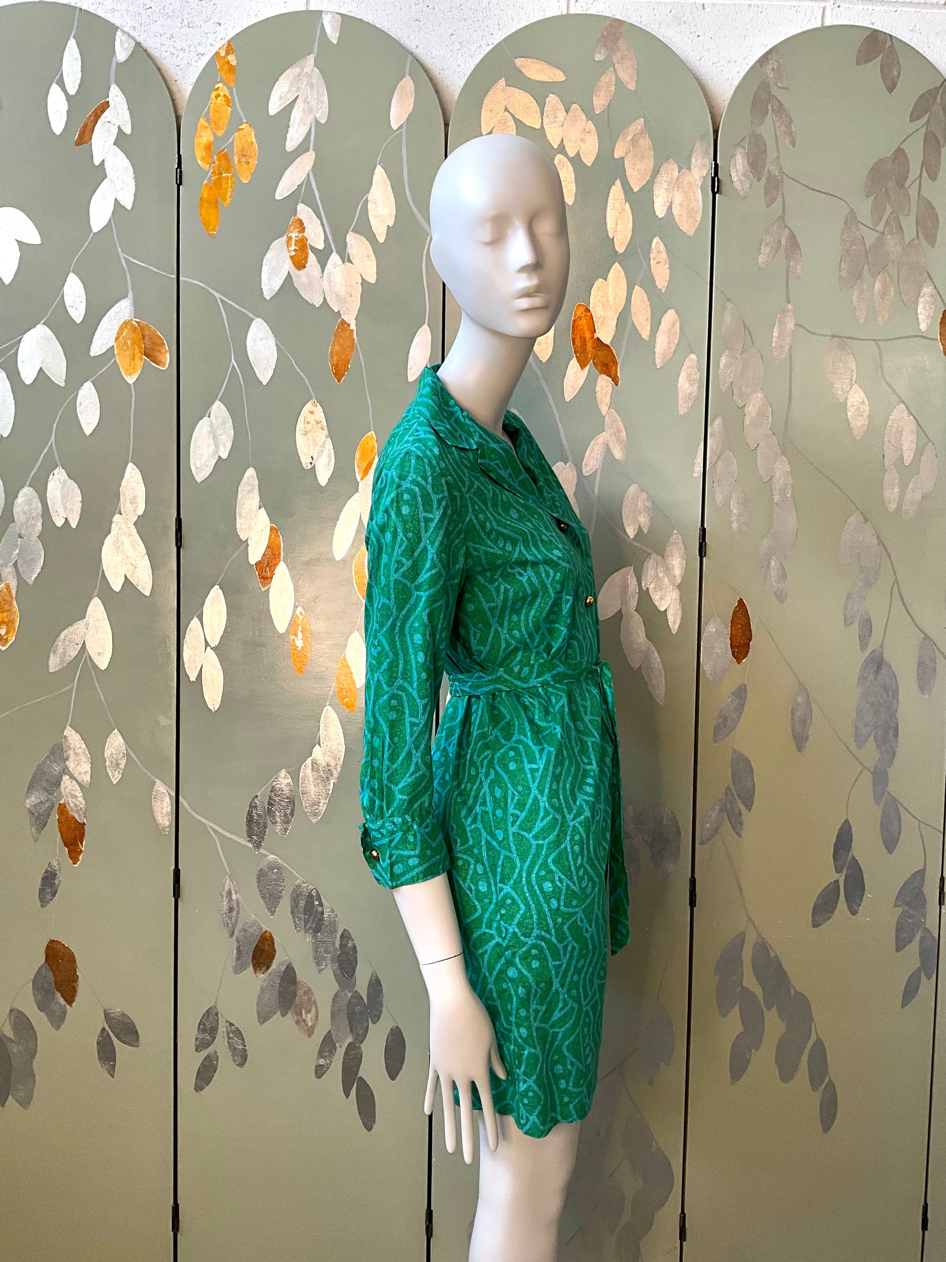 Vintage 1960s Green Abstract Print Cotton Short Tunic Dress, S/M