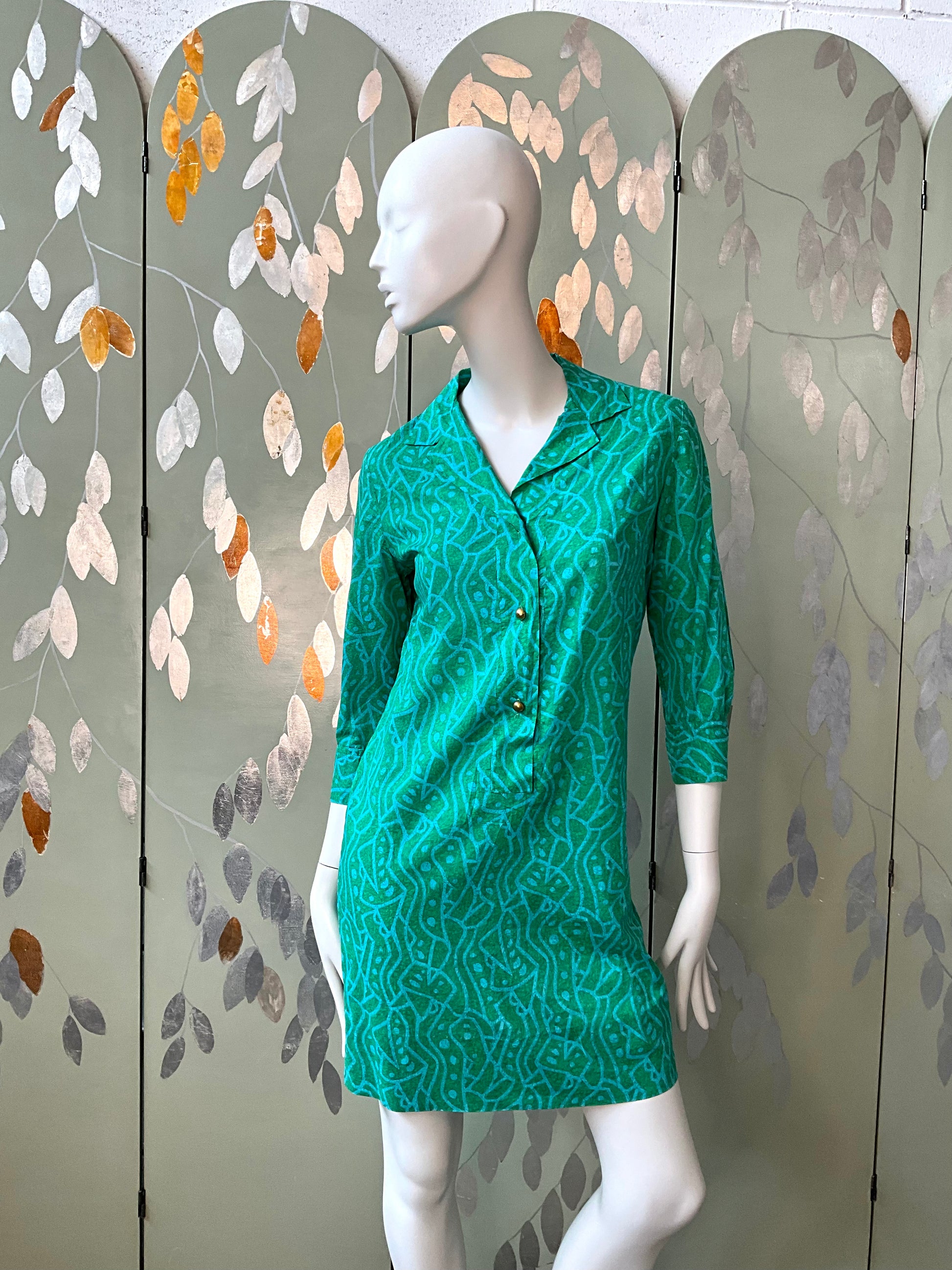Vintage 1960s Green Abstract Print Cotton Short Tunic Dress, S/M