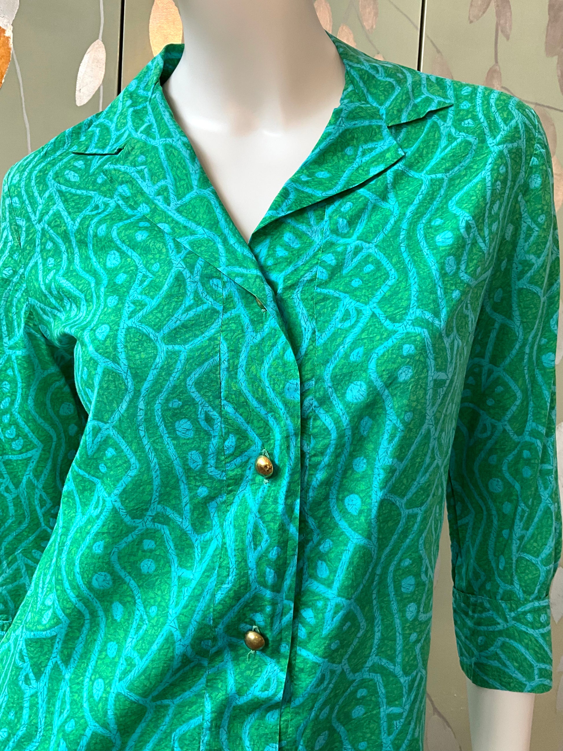 Vintage 1960s Green Abstract Print Cotton Short Tunic Dress, S/M