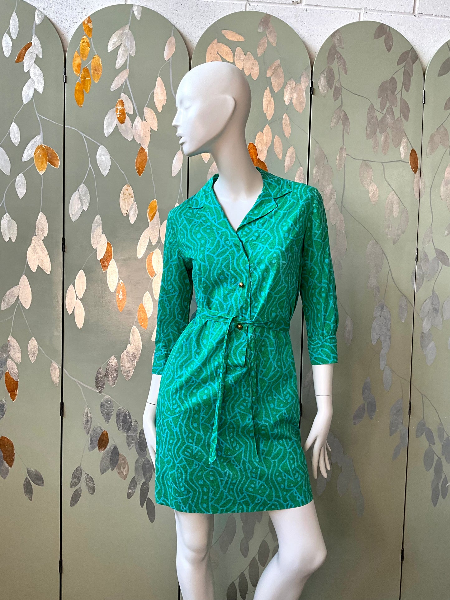 Vintage 1960s Green Abstract Print Cotton Short Tunic Dress, S/M