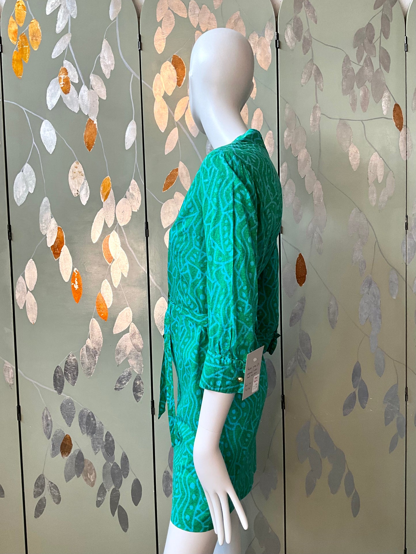 Vintage 1960s Green Abstract Print Cotton Short Tunic Dress, S/M