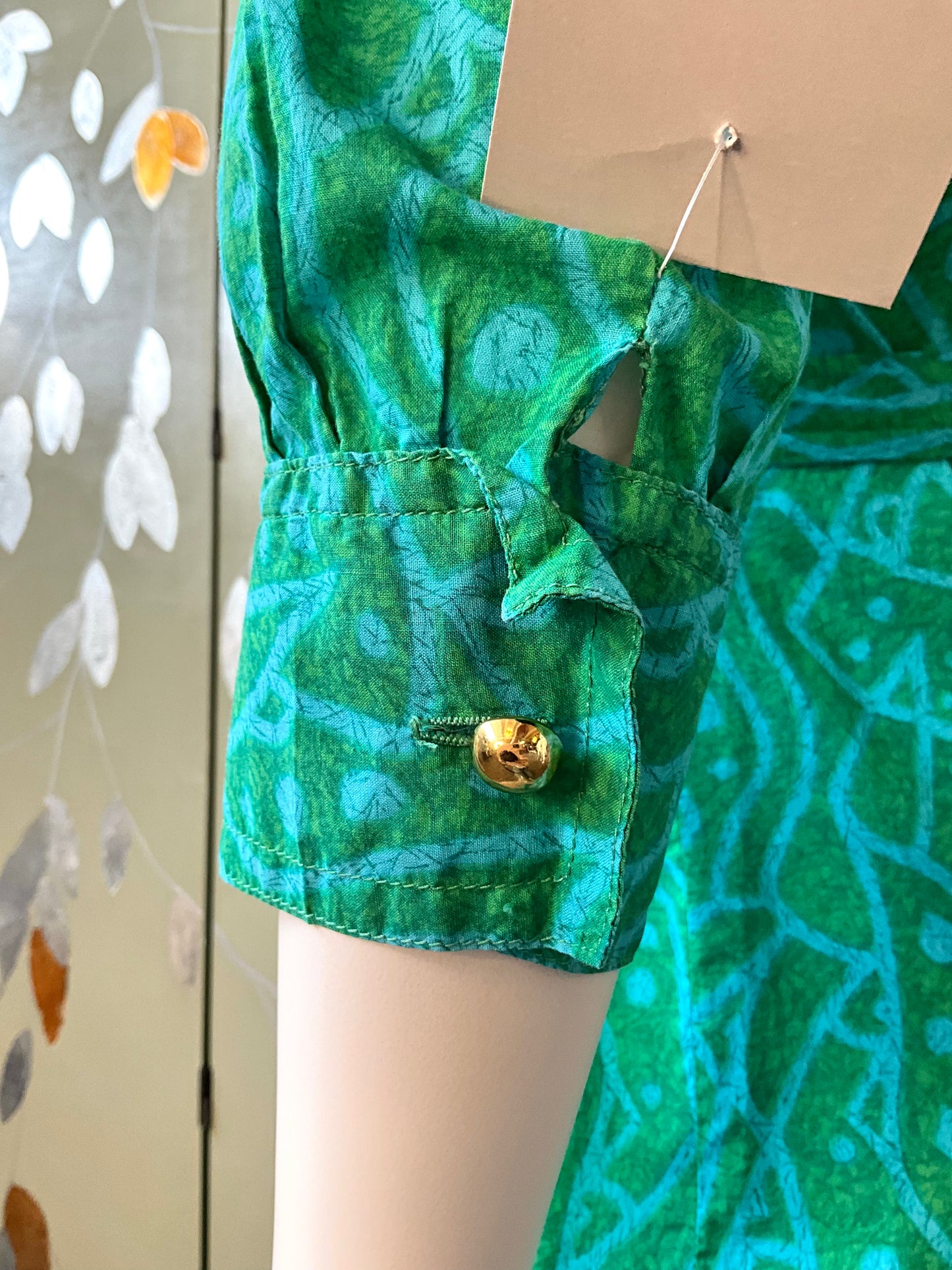 Vintage 1960s Green Abstract Print Cotton Short Tunic Dress, S/M