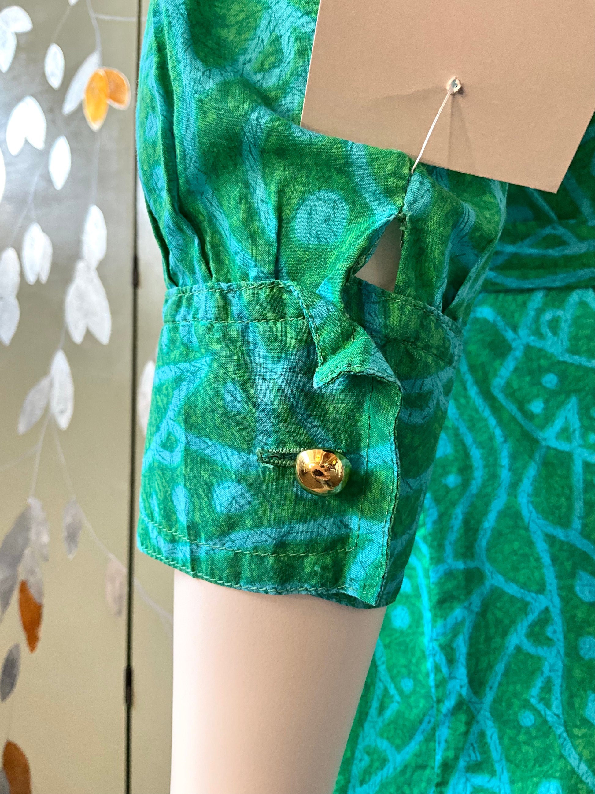 Vintage 1960s Green Abstract Print Cotton Short Tunic Dress, S/M